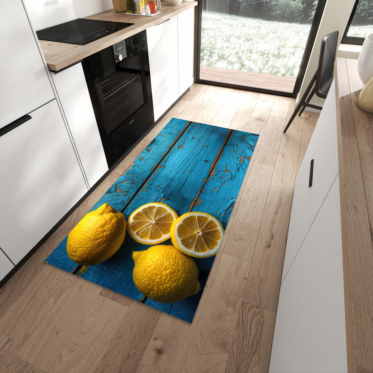 Schmutzabweisender Küchenteppich mit Motiv Zitronen auf Holz in moderner Küche