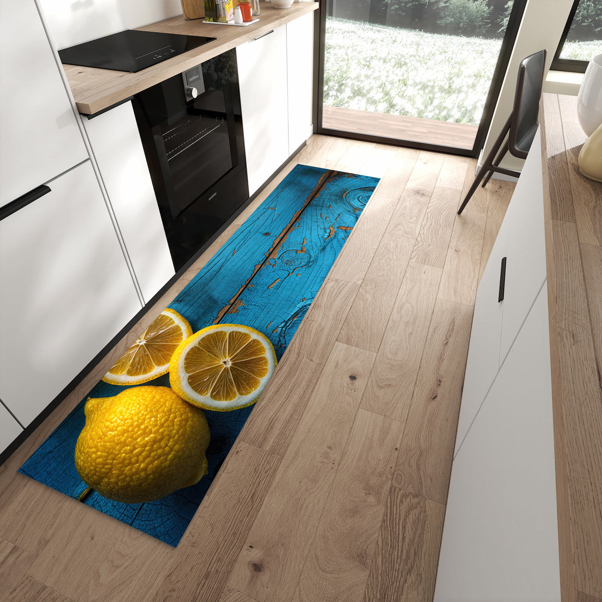 Sicherer Küchenläufer mit Motiv Zitronen auf Holz in moderner Küche