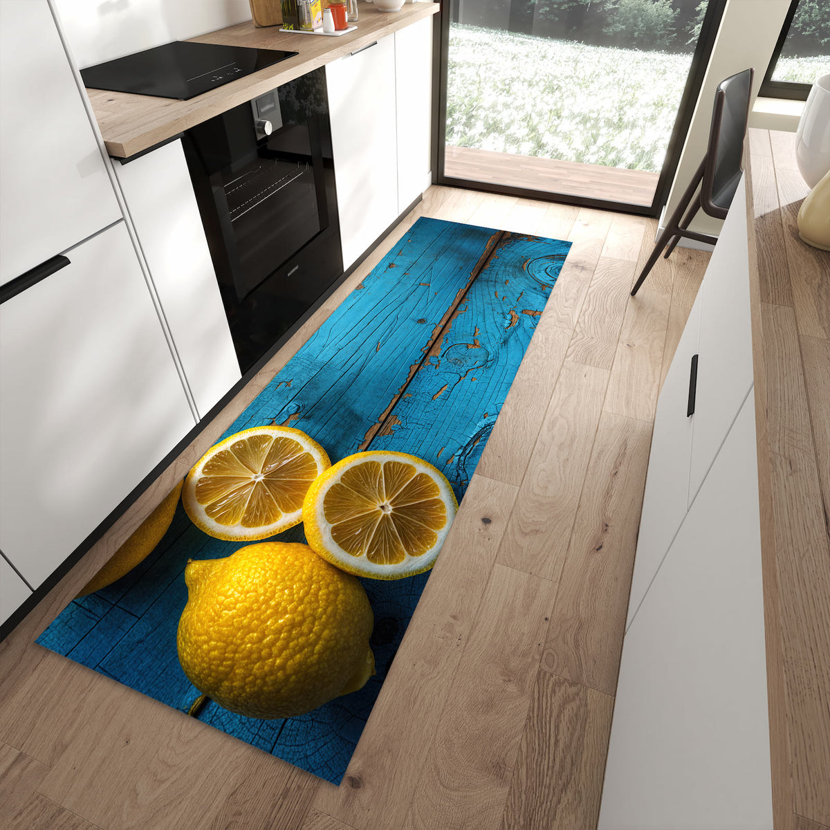 Komfortabler Küchenteppich mit Motiv Zitronen auf Holz in moderner Küche - abwaschbar