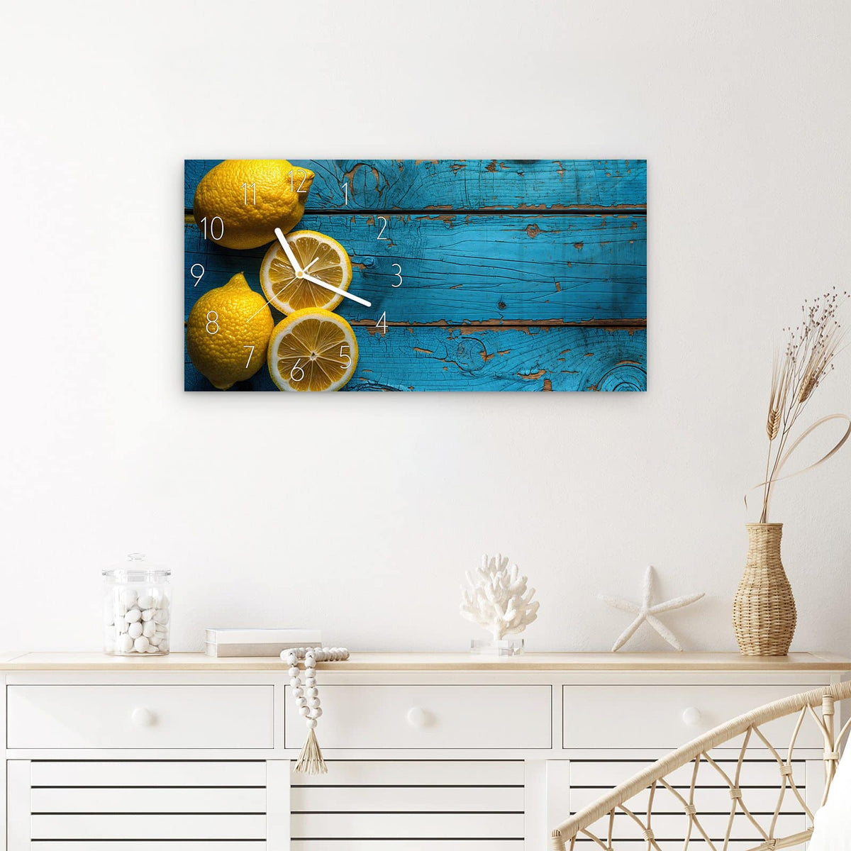 Wanduhr Zitronen auf Holz aus Glas – Querformat 60 × 30 cm – Gelbe Zitronen auf türkisem Holz