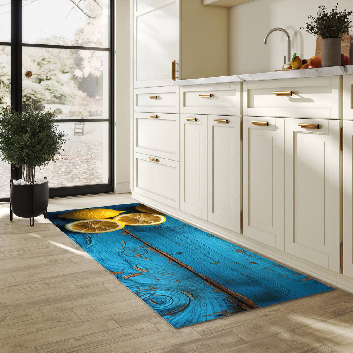 Waschbarer Küchenteppich mit Motiv Zitronen auf Holz in heller Küche
