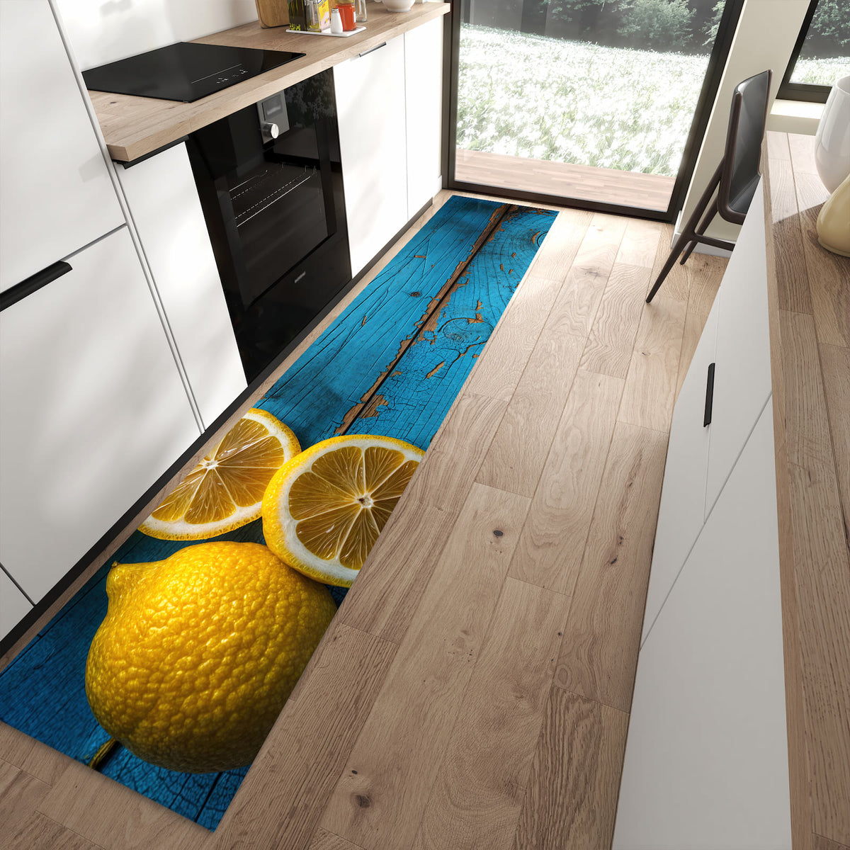Geräuschdämpfender waschbarer Küchenläufer mit Motiv Zitronen auf Holz in moderner Küche