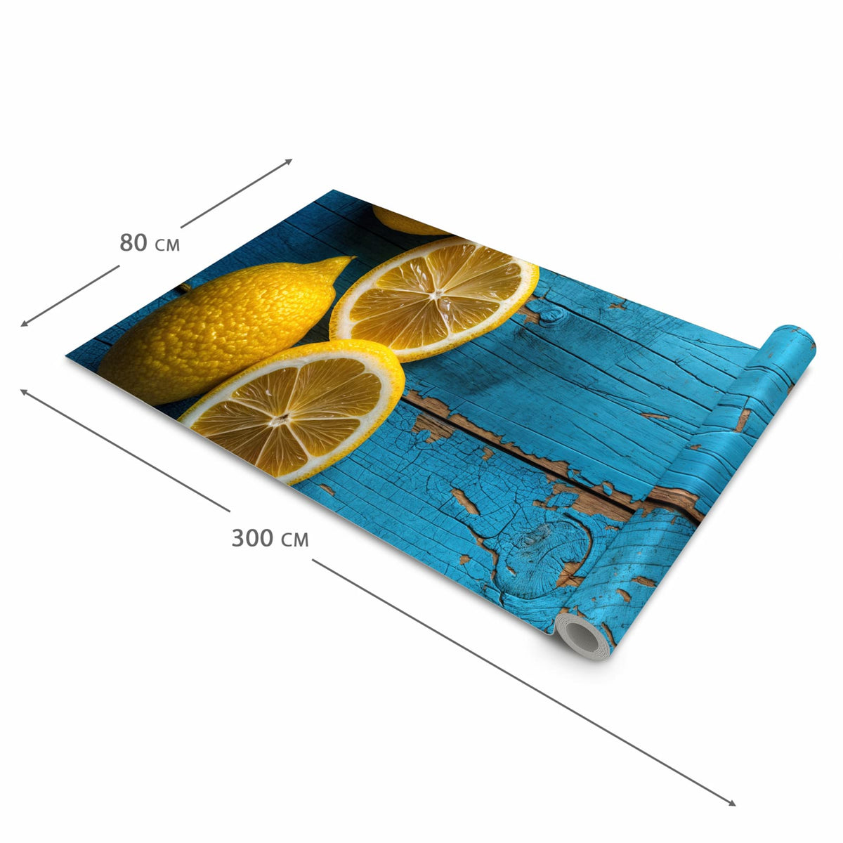Wasserabweisender rutschfester Küchenteppich mit Motiv Zitronen auf Holz in der Grösse 60x300 cm