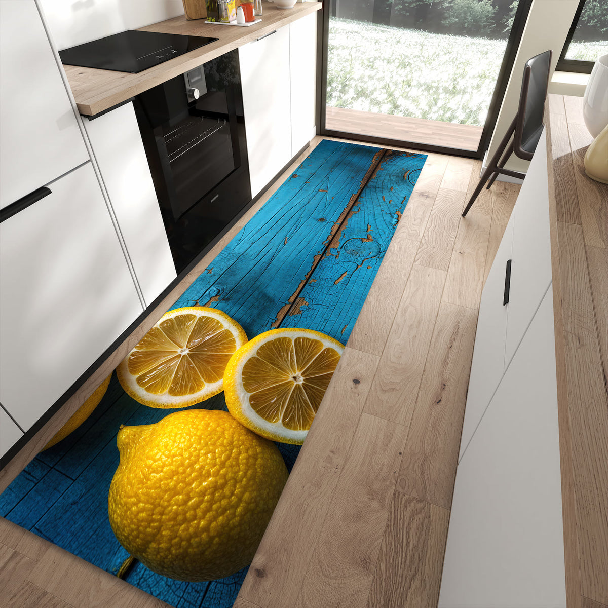 Fleckenresistenter Küchenteppich mit Motiv Zitronen auf Holz in moderner Küche