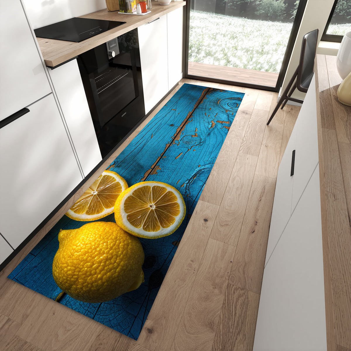 Wasserabweisender Küchenteppich mit Motiv Zitronen auf Holz in moderner Küche