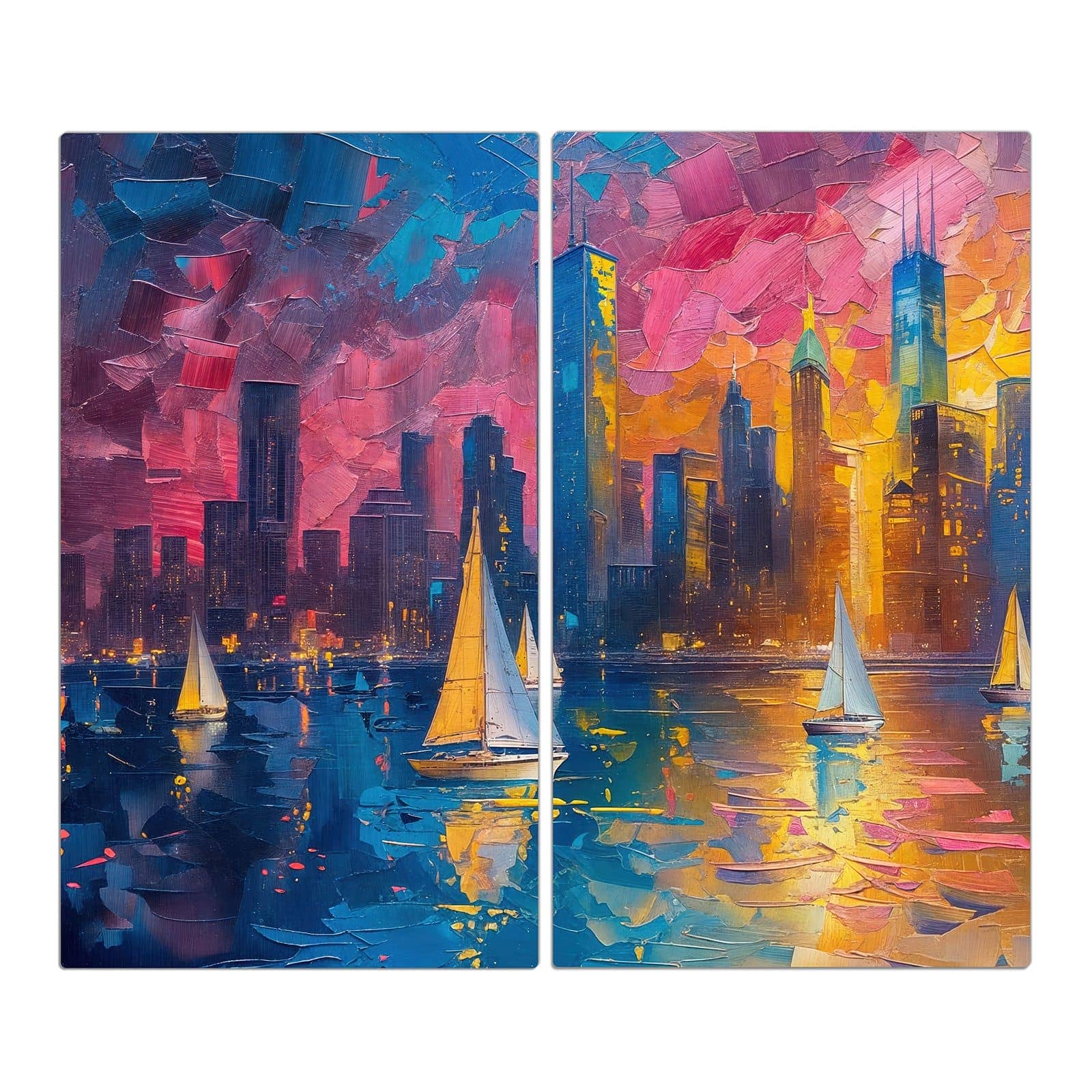 2-teilige Herdabdeckplatten für Ceranfeld mit Hafenstadt Bei Nacht-Motiv in der Frontansicht #grösse_2-Teilig (60x52cm)