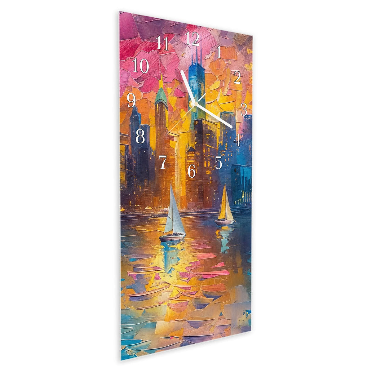 Vormontiert – mit Schwebeeffekt – Wanduhr Hafenstadt Bei Nacht aus Glas – Hochformat 30 × 60 cm