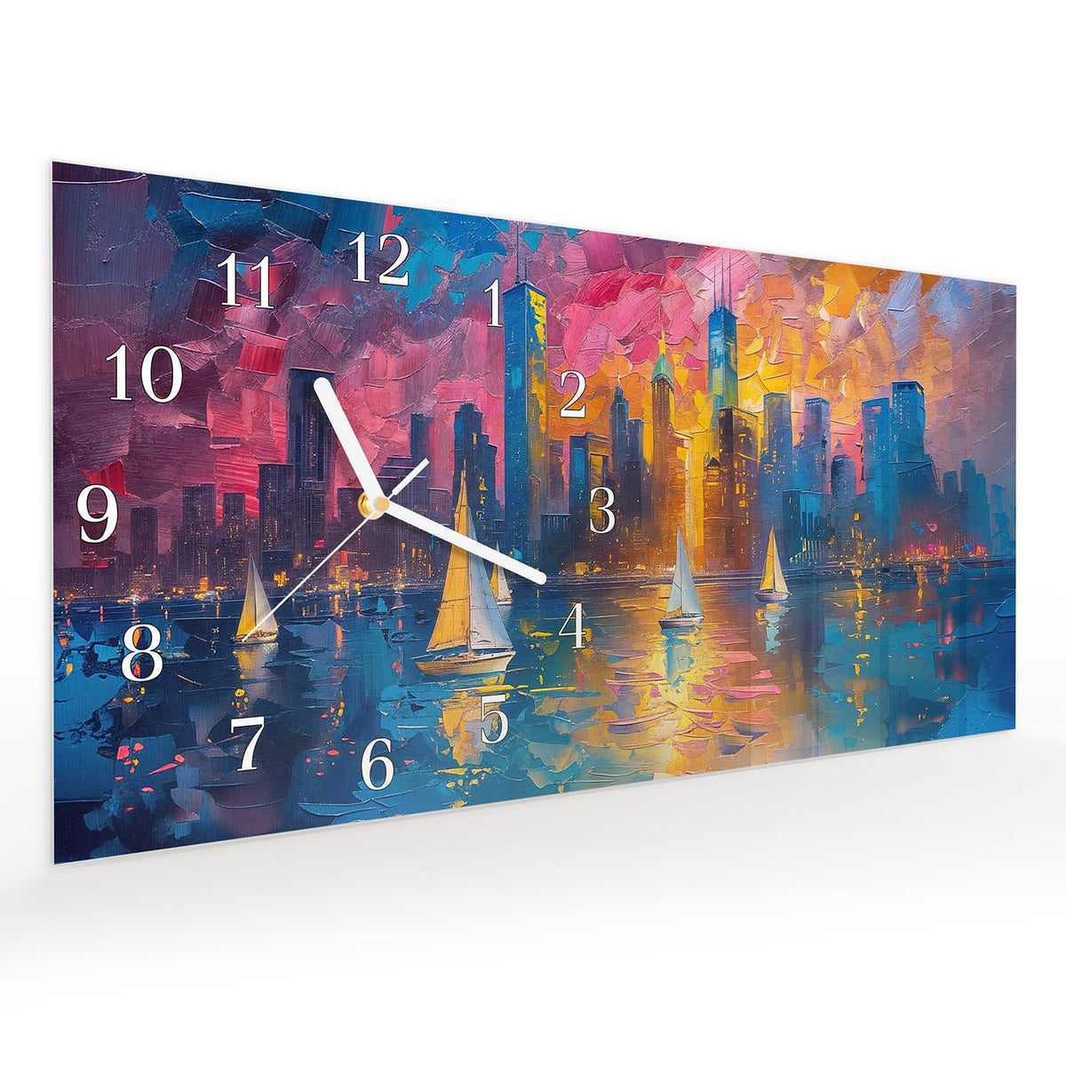 Vormontiert – mit Schwebeeffekt – Wanduhr Hafenstadt Bei Nacht aus Glas – Querformat 60 × 30 cm