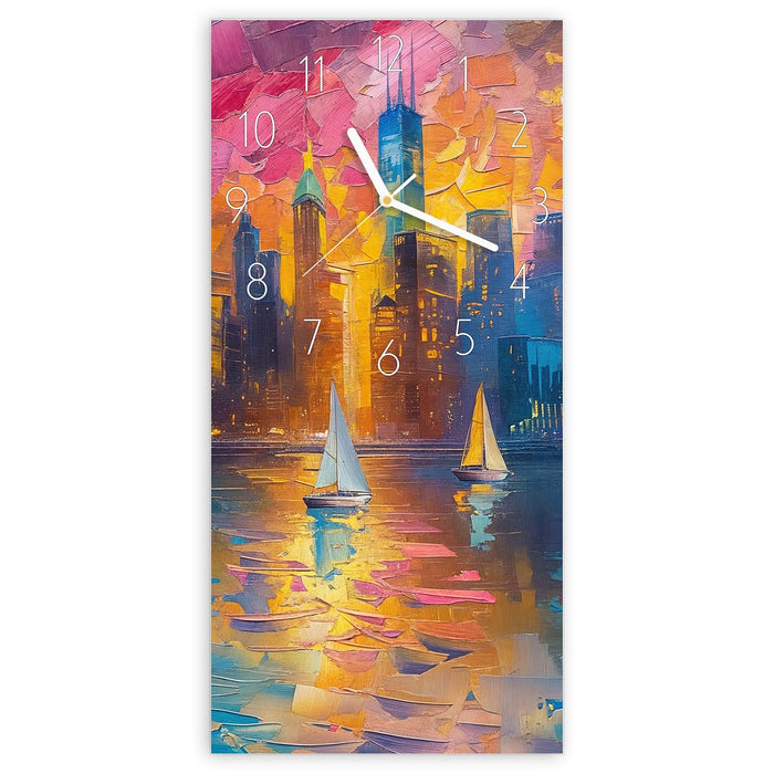 Wanduhr Hafenstadt Bei Nacht aus Glas – Hochformat 30 × 60 cm mit Ziffernblatt Elegant