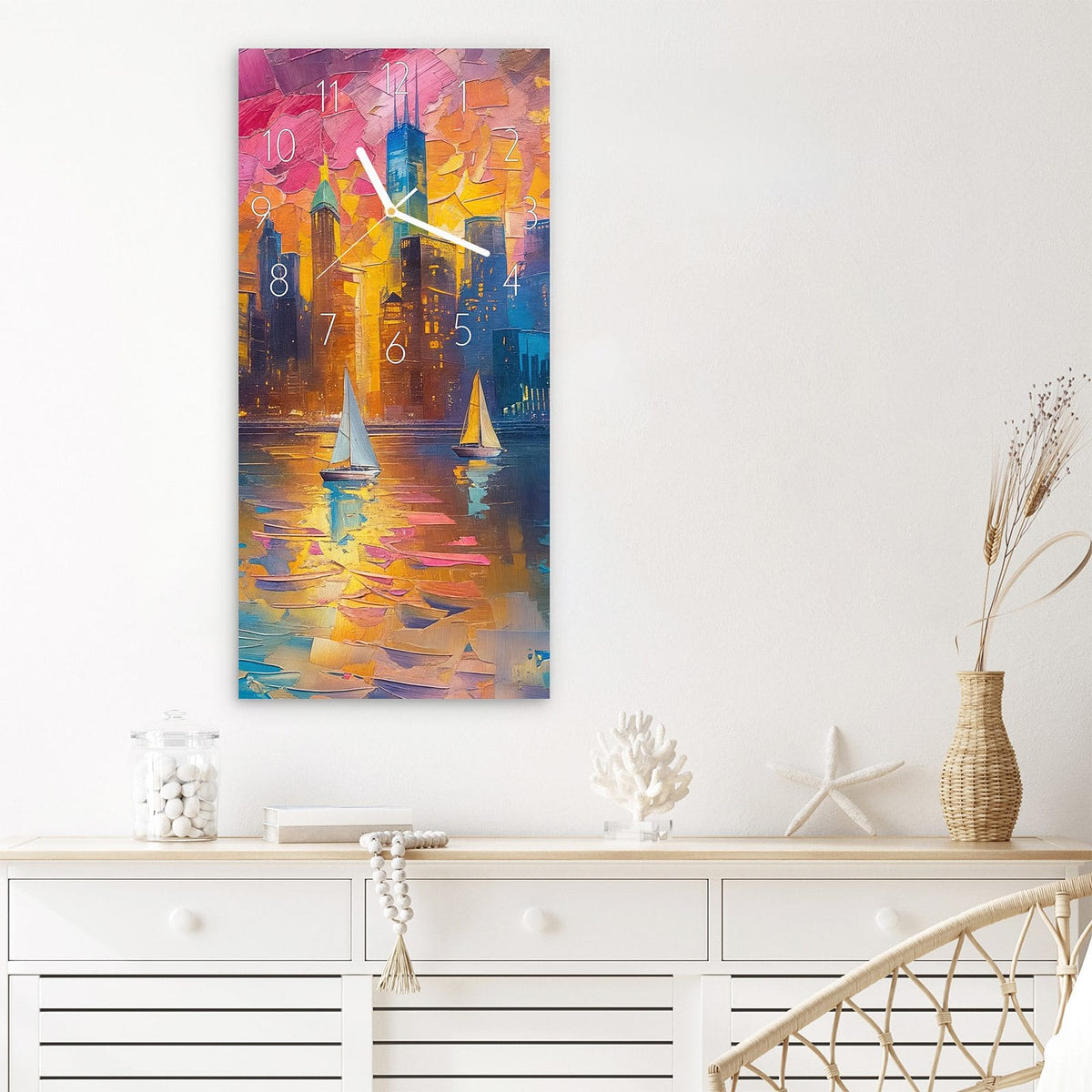 Wanduhr Hafenstadt Bei Nacht aus Glas – Skyline mit Segelbooten bei Nacht