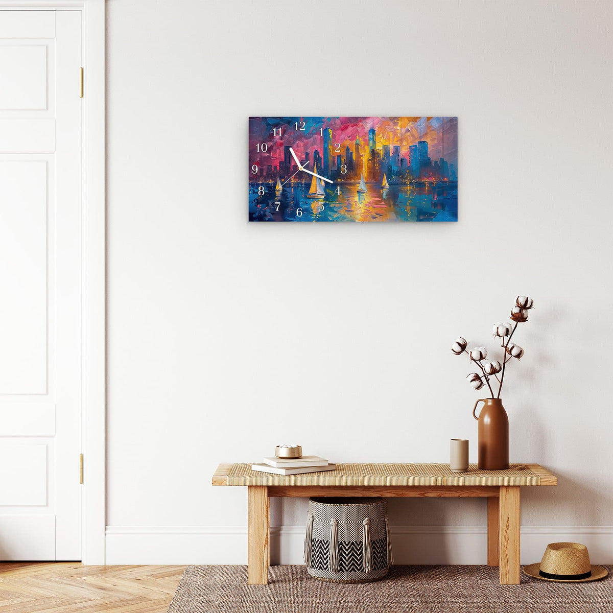 Moderne Wanduhr aus Glas mit Farbtiefe – Wanduhr Hafenstadt Bei Nacht aus Glas – Querformat 60 × 30 cm