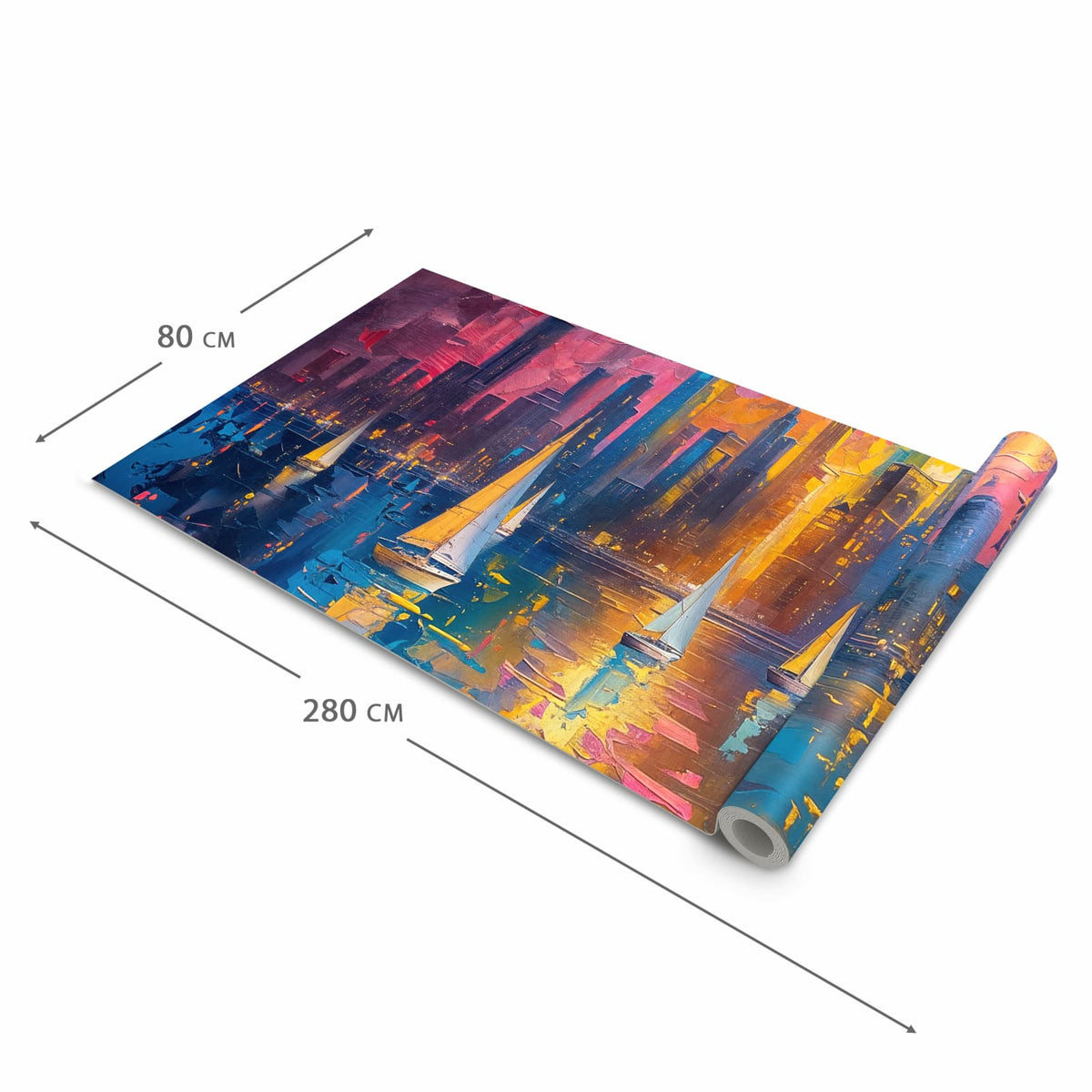 Langlebiger waschbarer Teppich mit Motiv Hafenstadt Bei Nacht in der Grösse 60x300 cm
