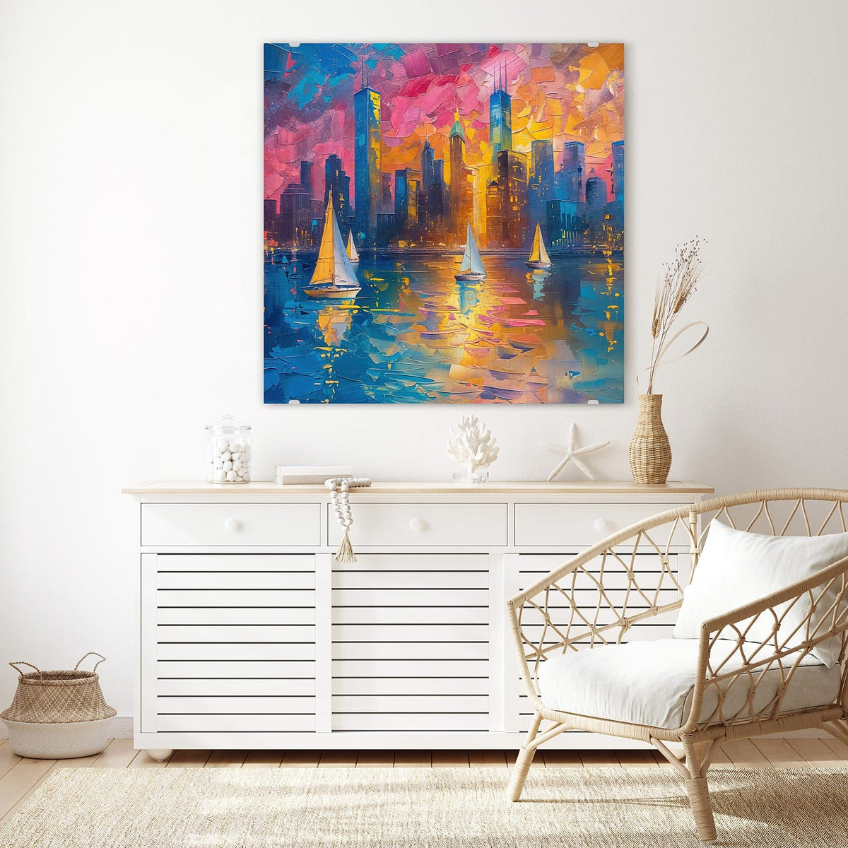 Glasbild Hafenstadt bei Nacht an der Wand – Spachtelgemälde einer dunklen Skyline mit erleuchteten Fenstern, drei Segelboote auf dem Wasser