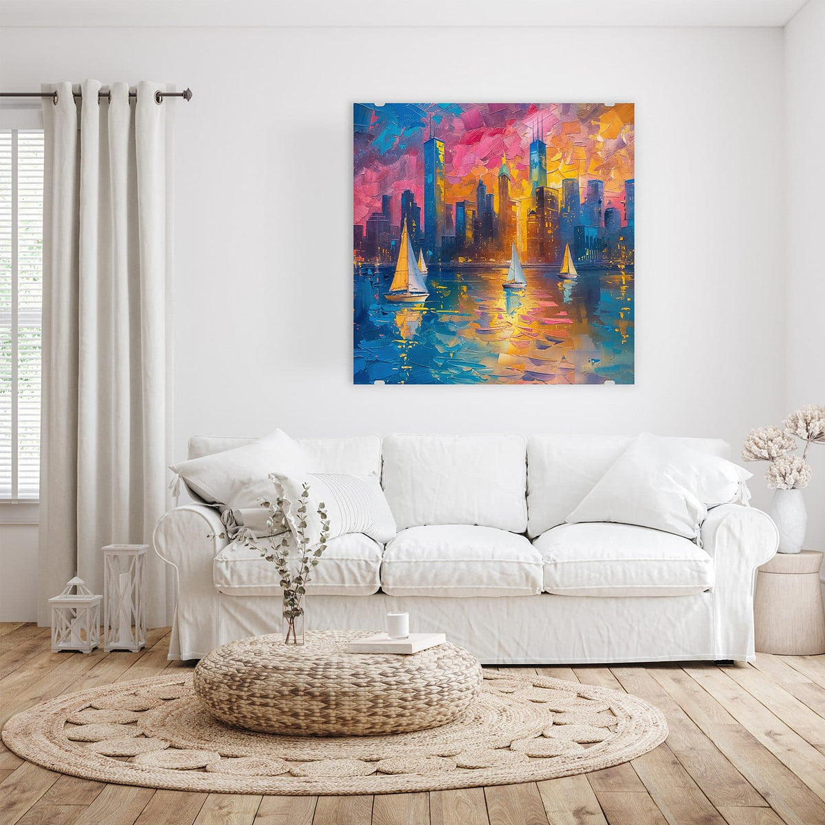 Glasbild Hafenstadt bei Nacht an der Wand – Spachtelgemälde einer dunklen Skyline mit erleuchteten Fenstern, drei Segelboote auf dem Wasser