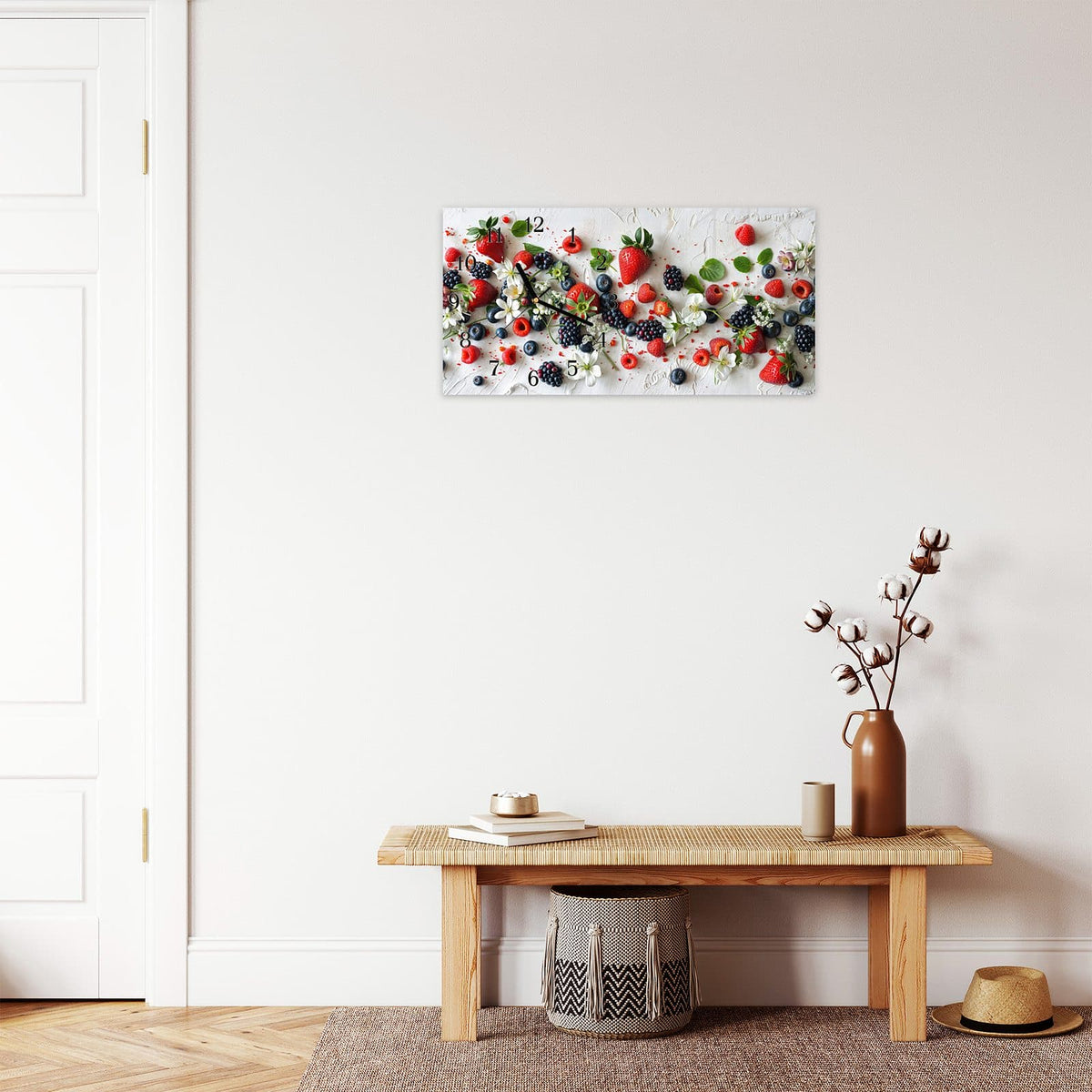 Moderne Wanduhr aus Glas mit Farbtiefe – Wanduhr Bunte Beerenmischung aus Glas – Querformat 60 × 30 cm