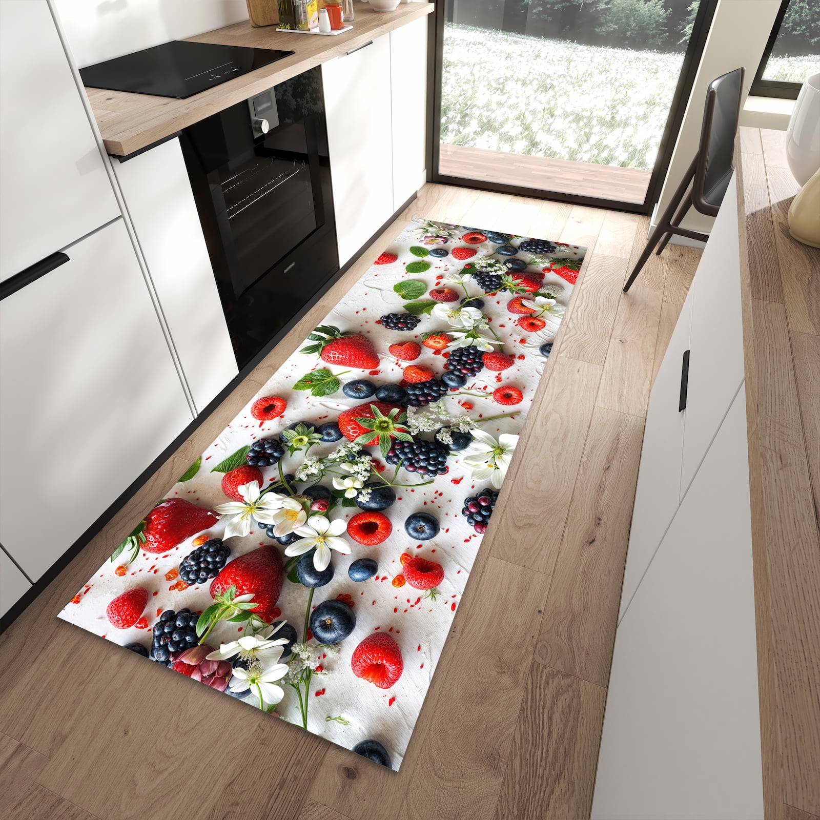 Flacher Küchenteppich mit Motiv Beeren von Bunte in moderner Küche - waschbar