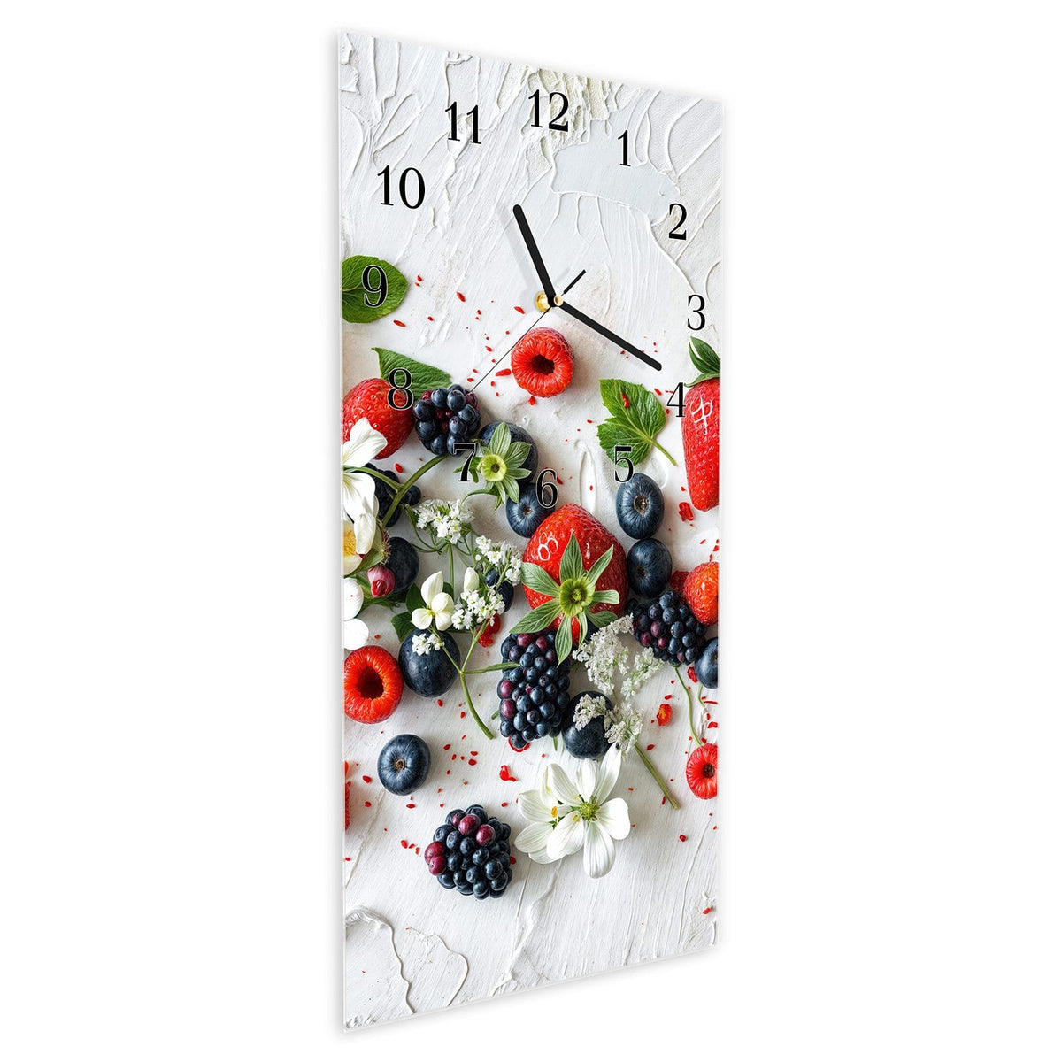 Vormontiert – mit Schwebeeffekt – Wanduhr Bunte Beerenmischung aus Glas – Hochformat 30 × 60 cm