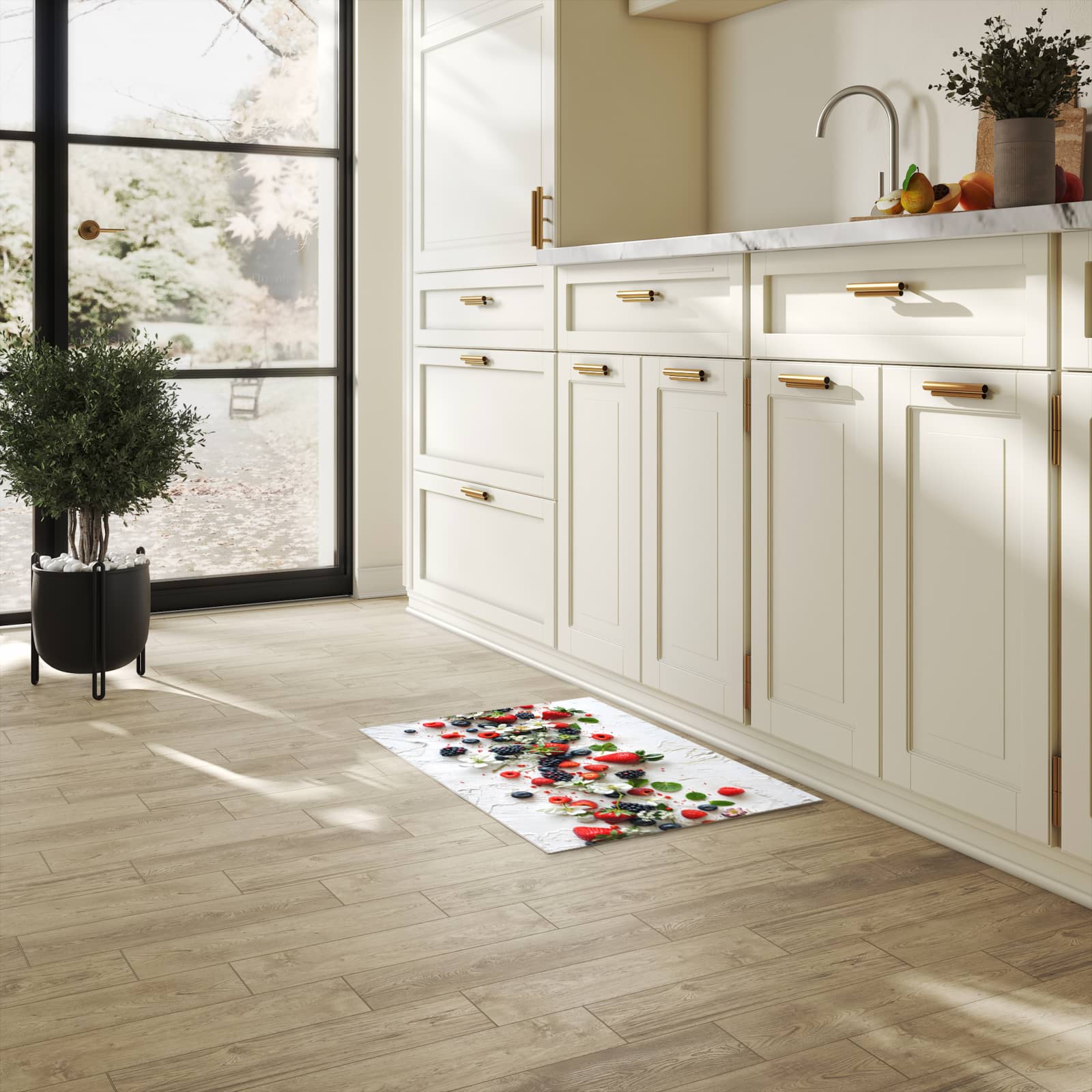 Rutschfester Küchenteppich mit Motiv Beeren von Bunte in heller Küche, einfach zu reinigen
