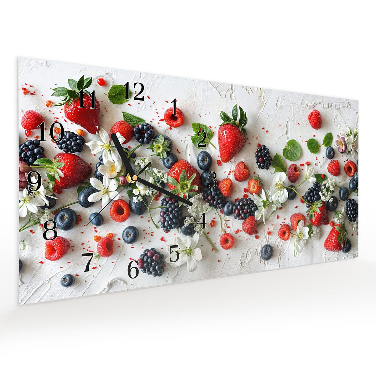 Vormontiert – mit Schwebeeffekt – Wanduhr Bunte Beerenmischung aus Glas – Querformat 60 × 30 cm
