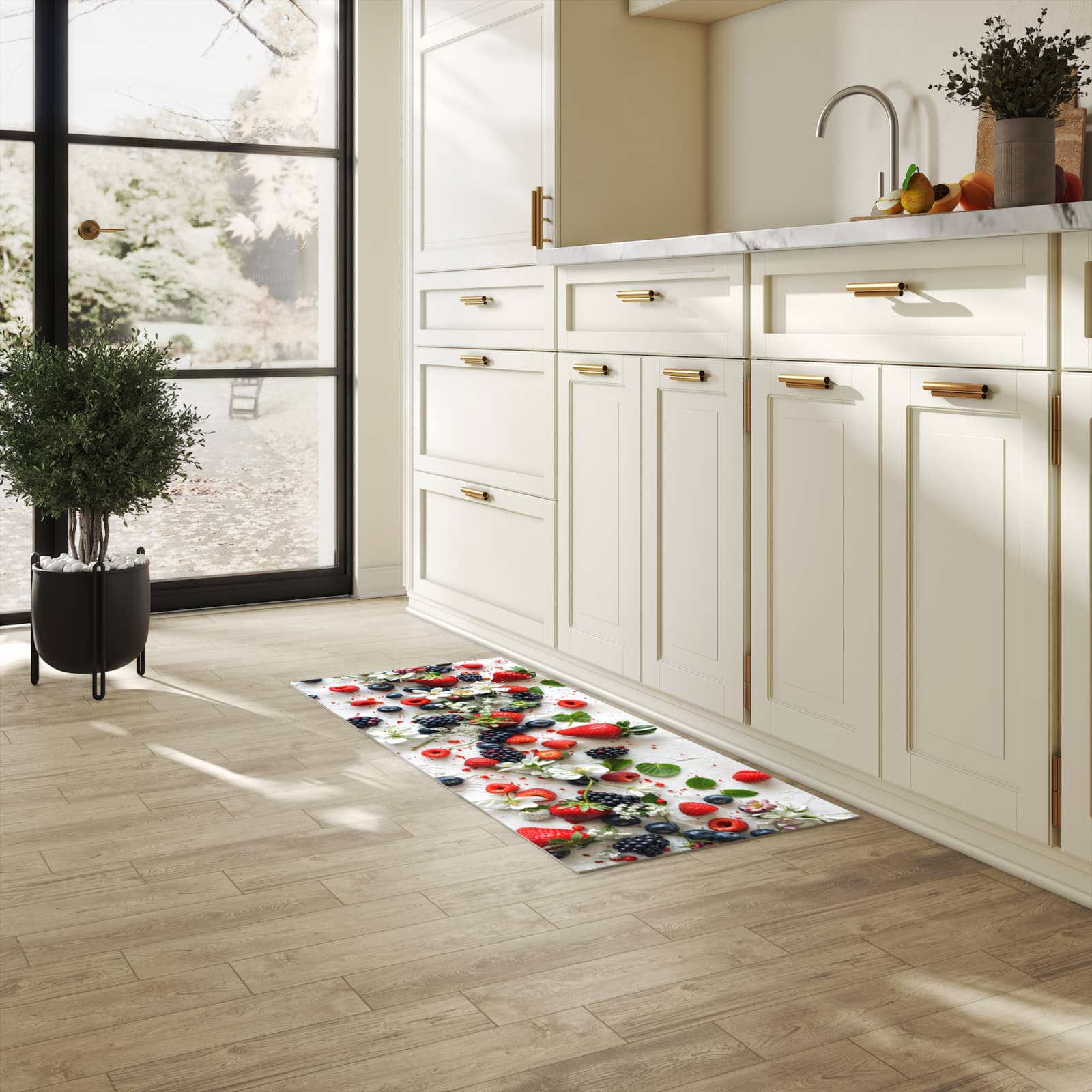 Langlebiger waschbarer Küchenläufer mit Motiv Beeren von Bunte in heller Küche