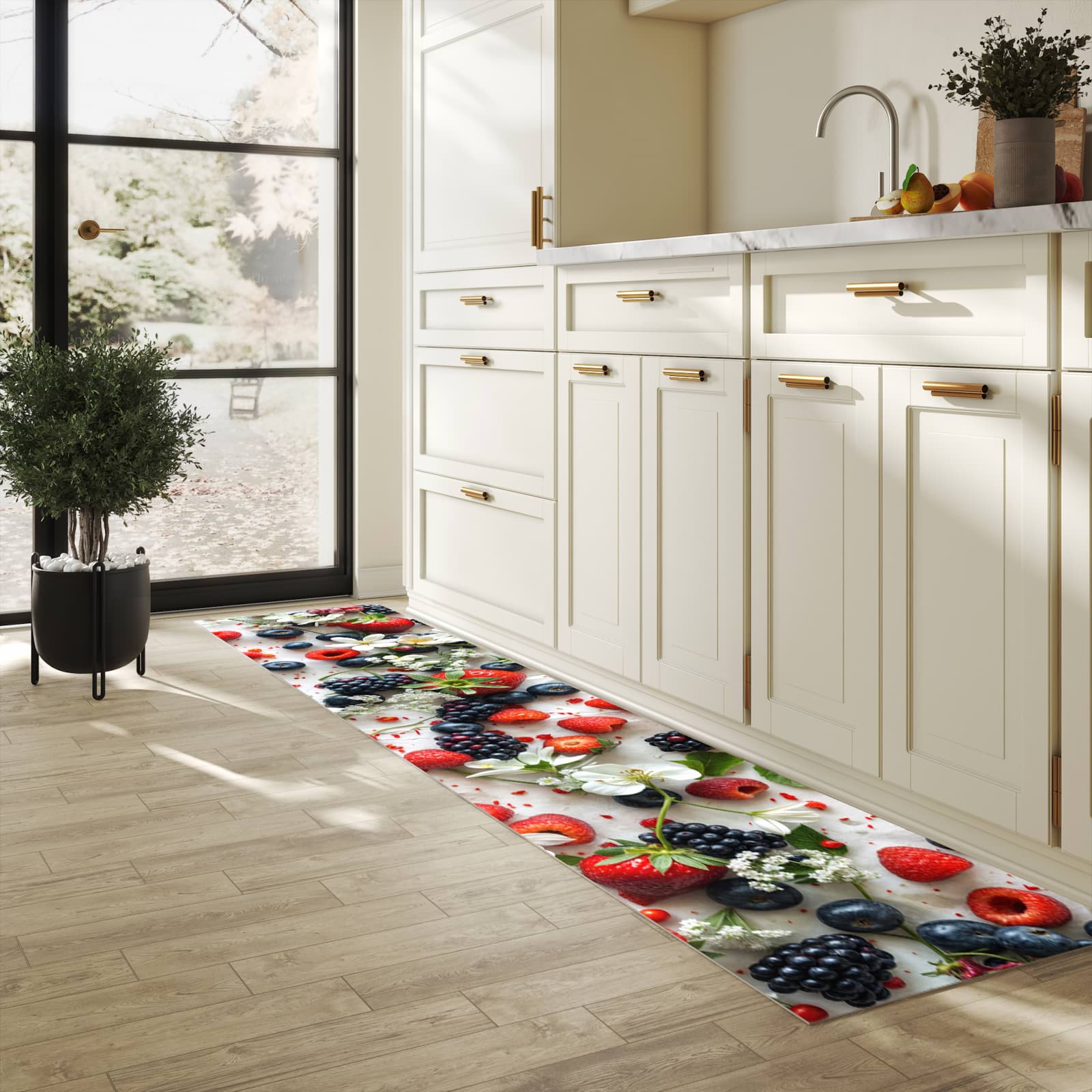 Rutschhemmender dünner Teppich mit Motiv Beeren von Bunte in heller Küche