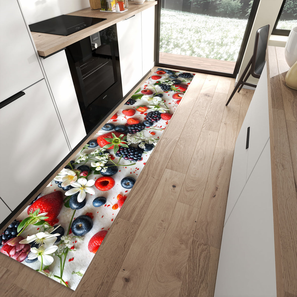 13 Größen – von 60 × 90 bis 80 × 300 cm – Küchenläufer - Beeren mit weißen Blüten
