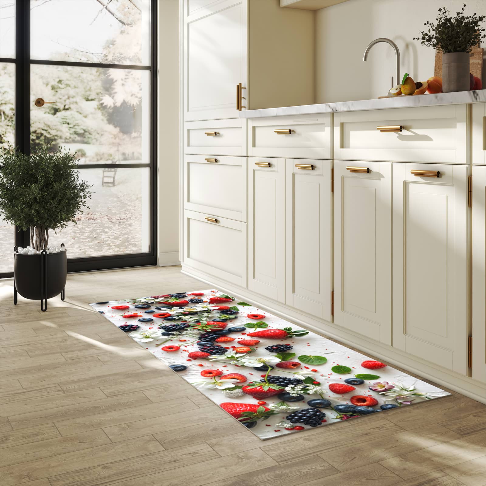 Dünner waschbarer Küchenteppich mit Motiv Beeren von Bunte für angenehme Haptik in heller Küche