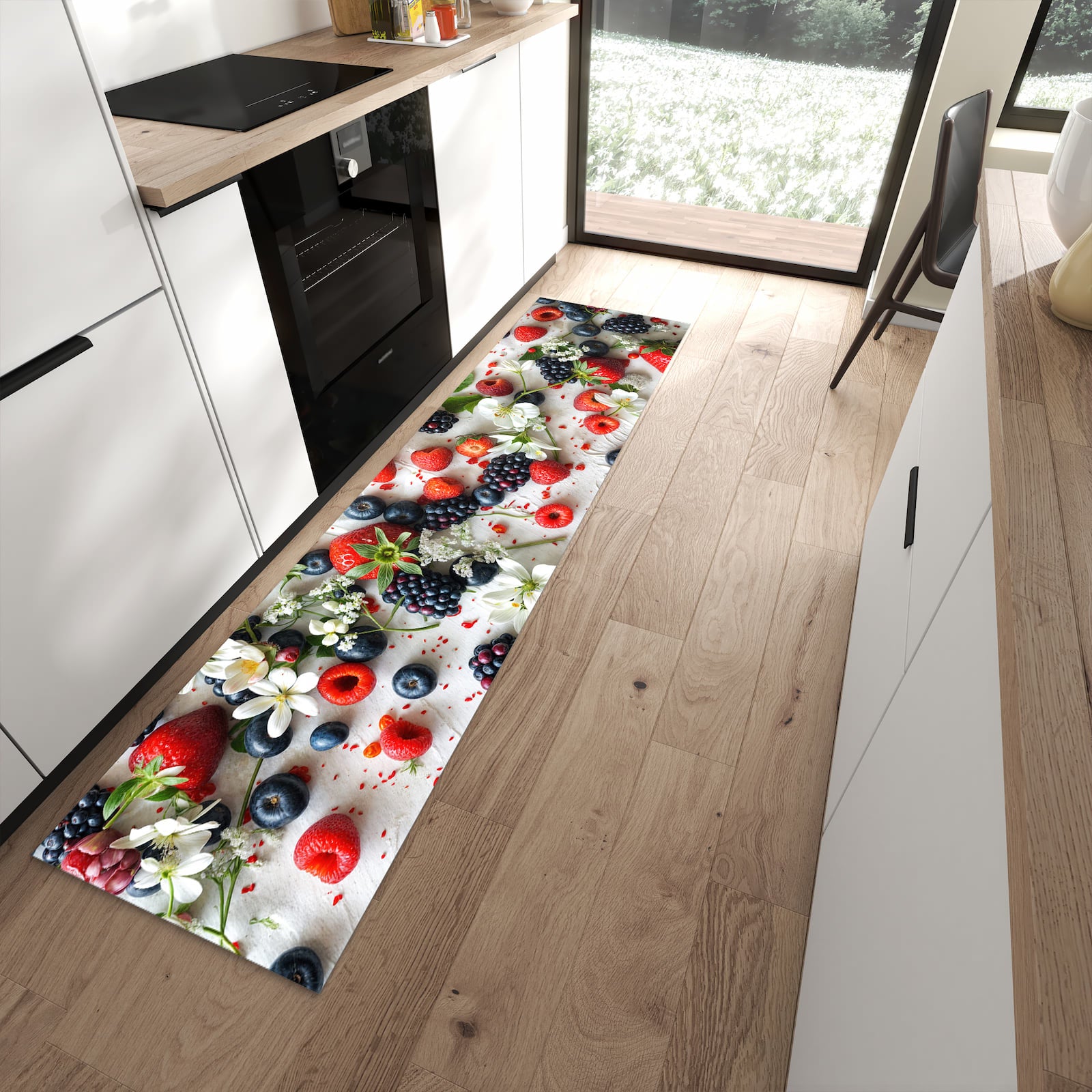 Geräuschdämpfender dünner Teppich mit Motiv Beeren von Bunte in moderner Küche