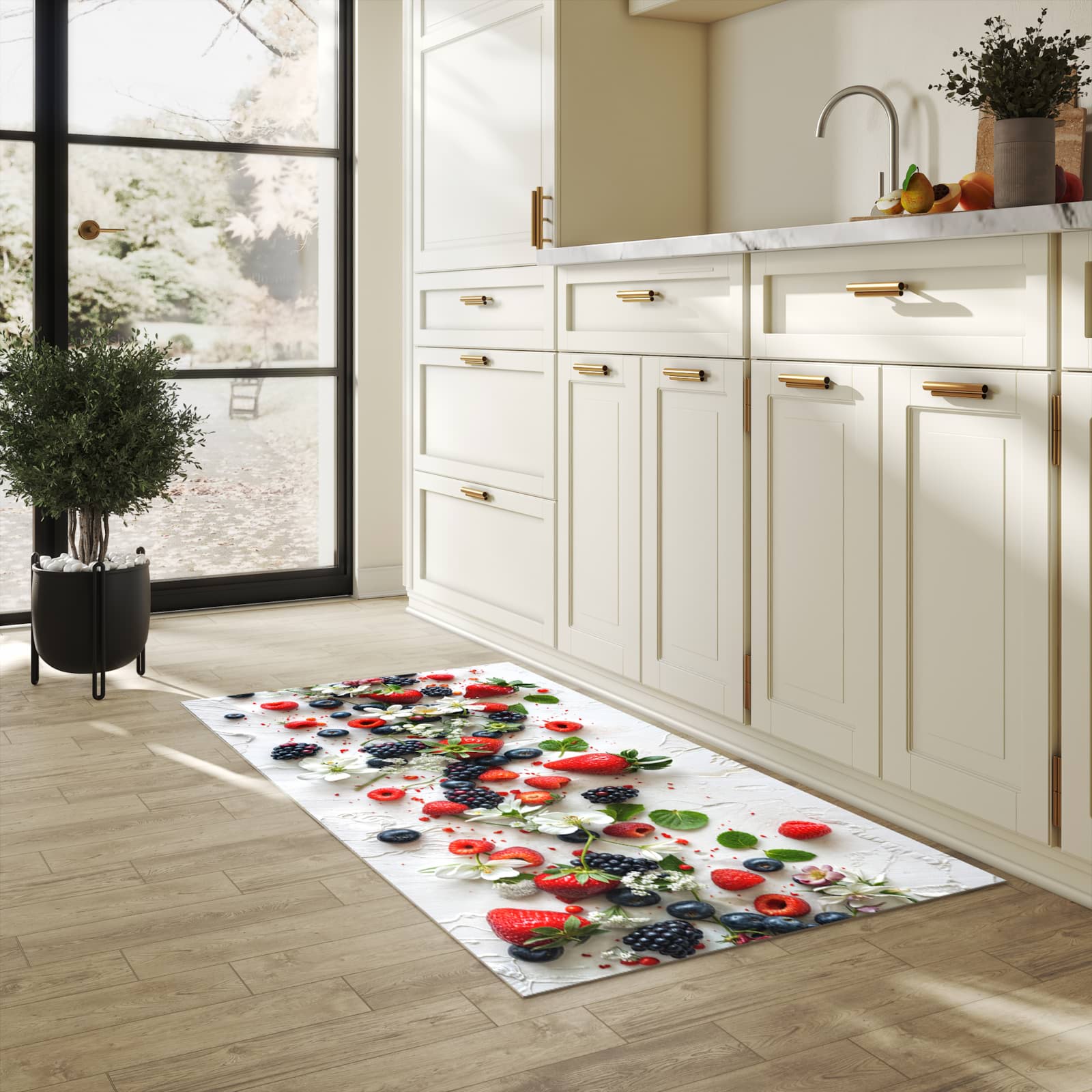 Langlebiger Bodenläufer mit Motiv Beeren von Bunte in heller Küche