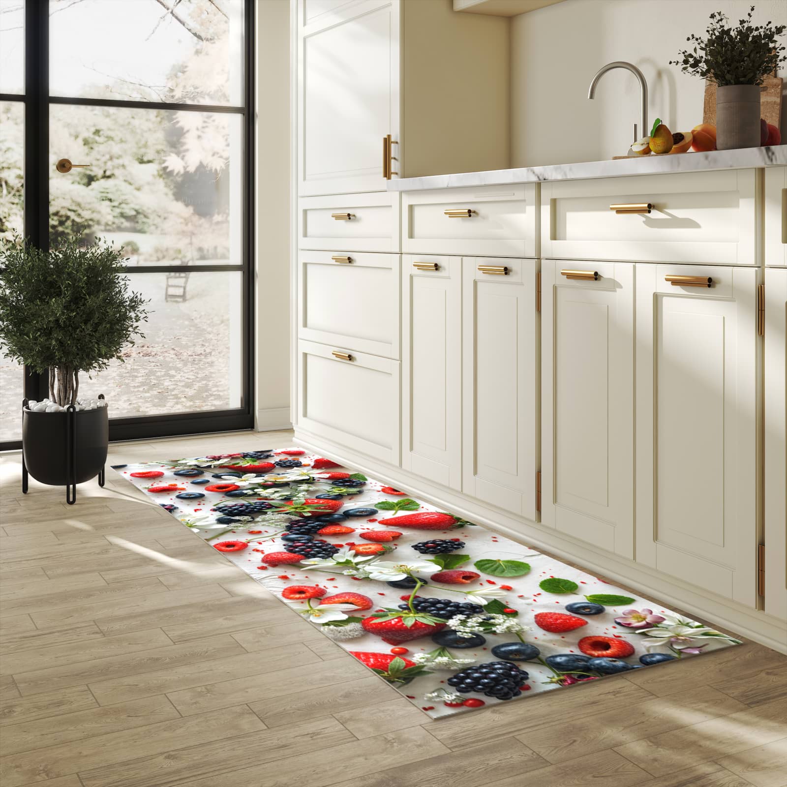Hygienischer Teppich fürs Esszimmer mit Motiv Beeren von Bunte in heller Küche
