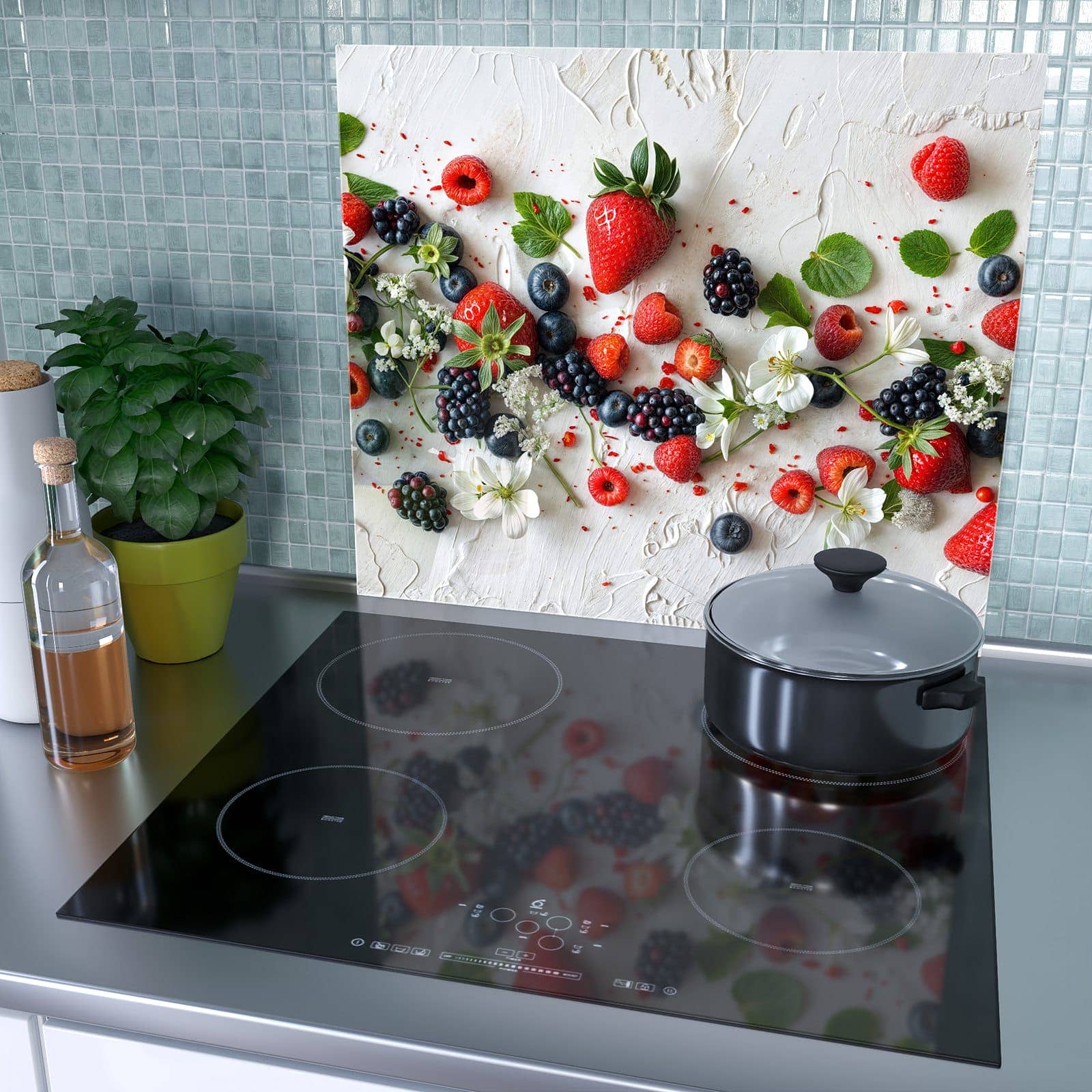 1-teilige Ceranfeldabdeckung mit Bunte Beerenmischung-Motiv als Spritzschutz hinter dem Kochfeld