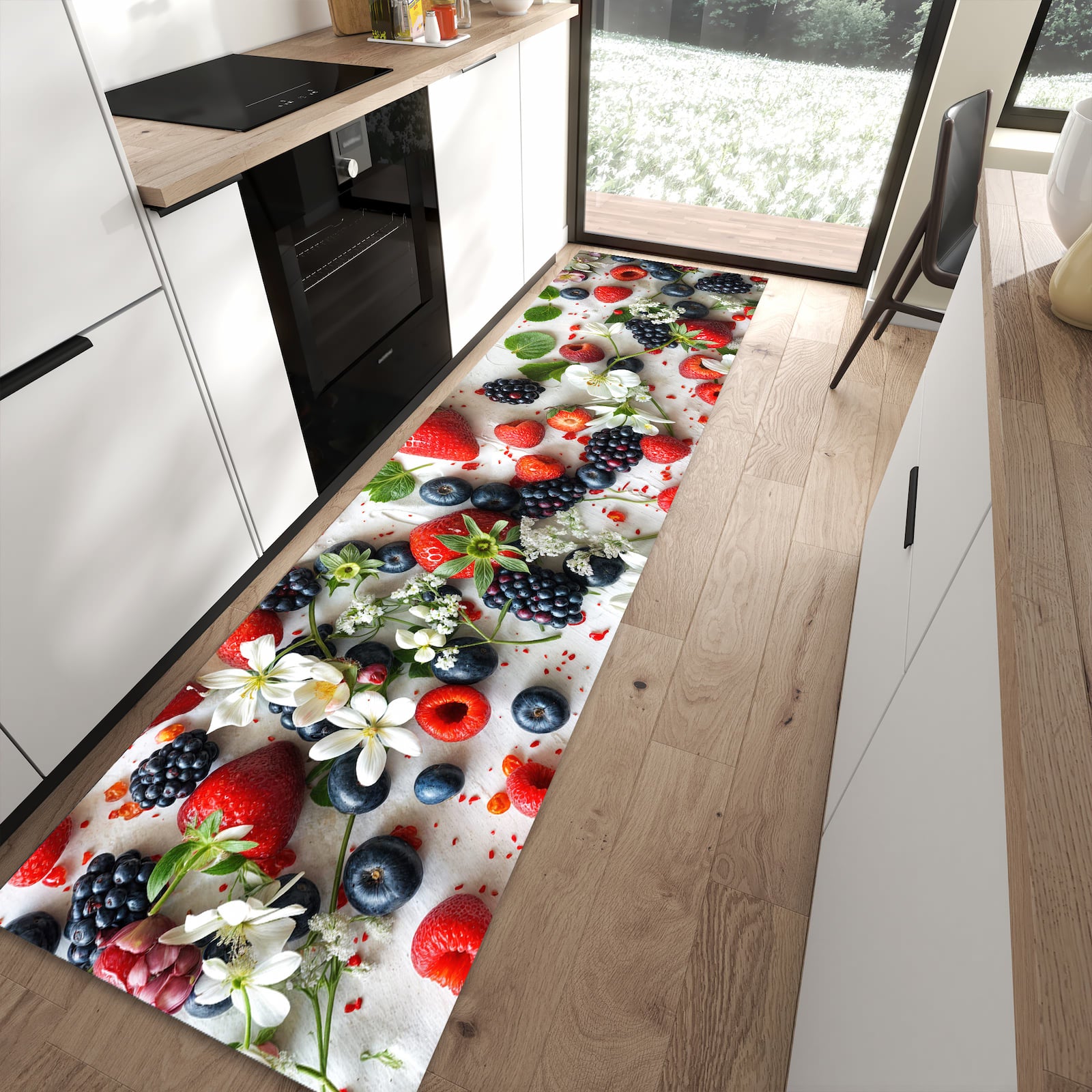 Geruchsneutraler Bodenläufer Teppich mit Motiv Beeren von Bunte in moderner Küche