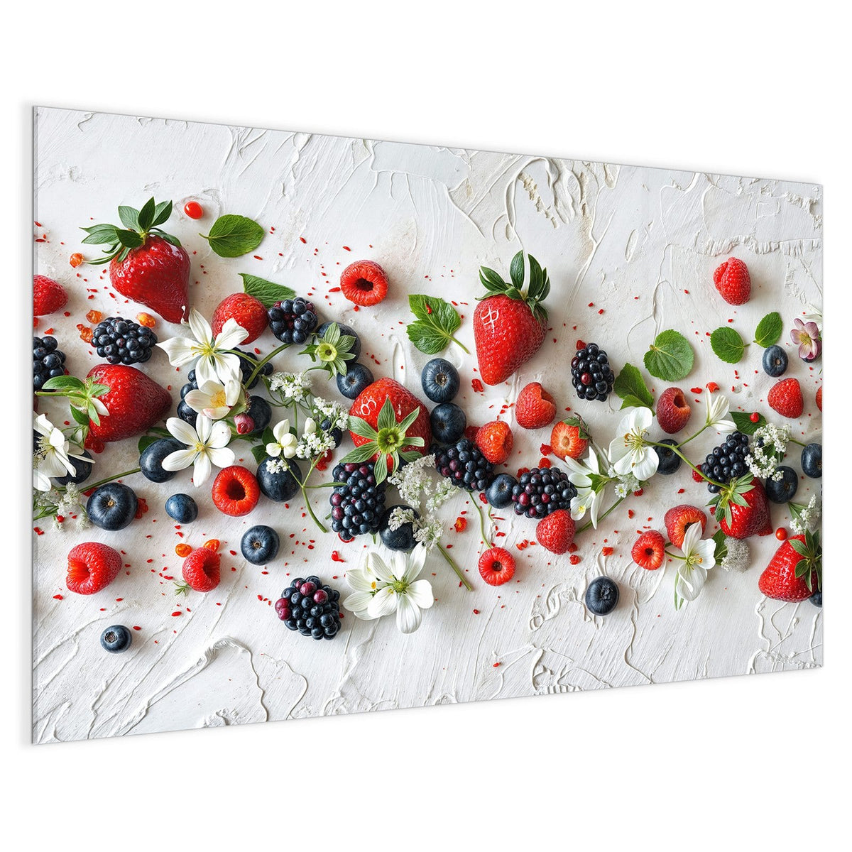 4 mm Glas statt lackiertem Blech – Magnettafel - Beeren mit weißen Blüten