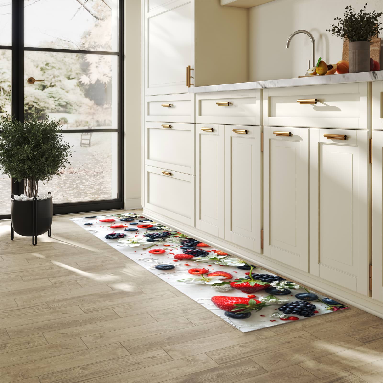 Komfortabler Läufer mit Motiv Beeren von Bunte in heller Küche für rutschfesten Stand
