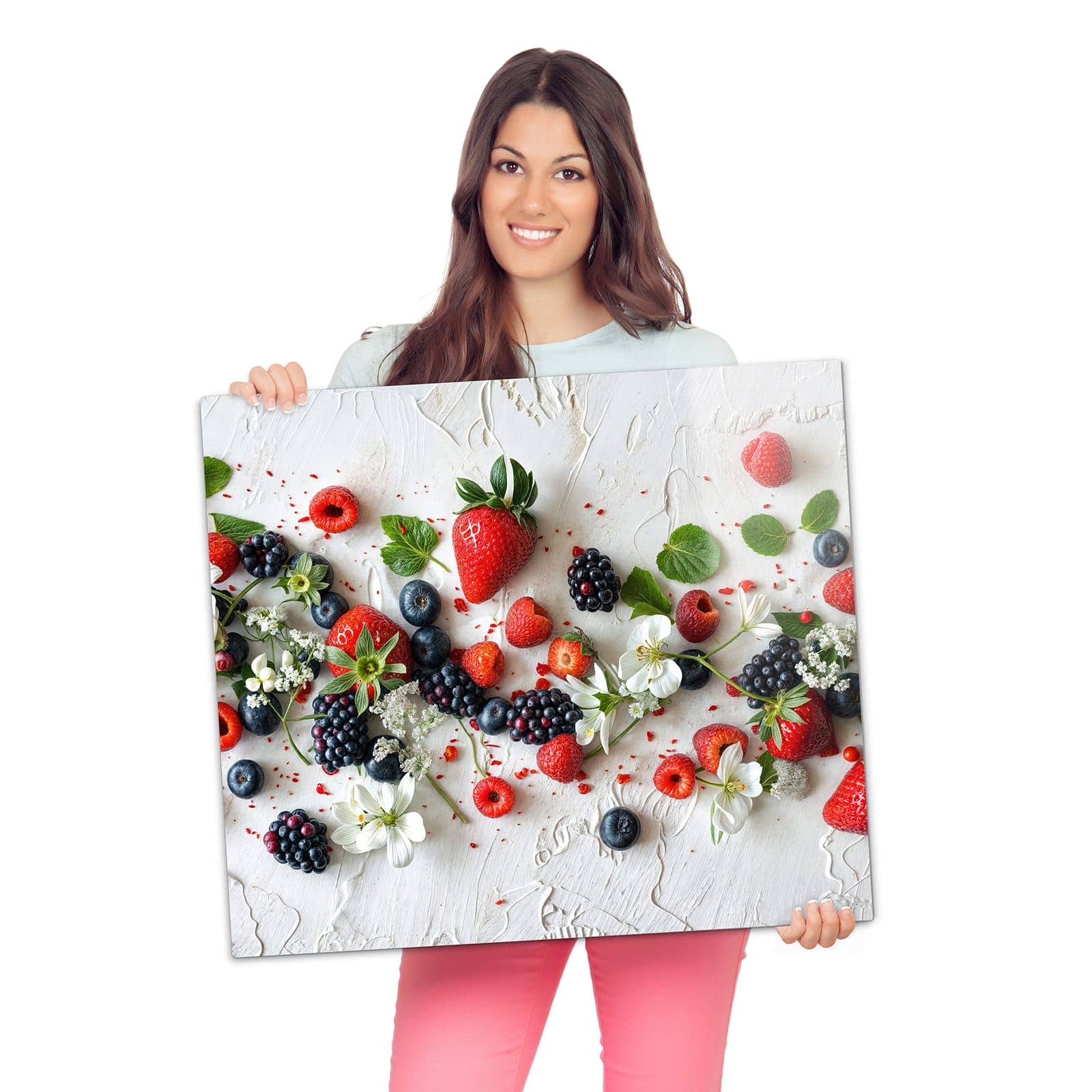 1-teilige Herdabdeckplatte aus Glas mit Bunte Beerenmischung-Motiv wird zur Größendarstellung gehalten