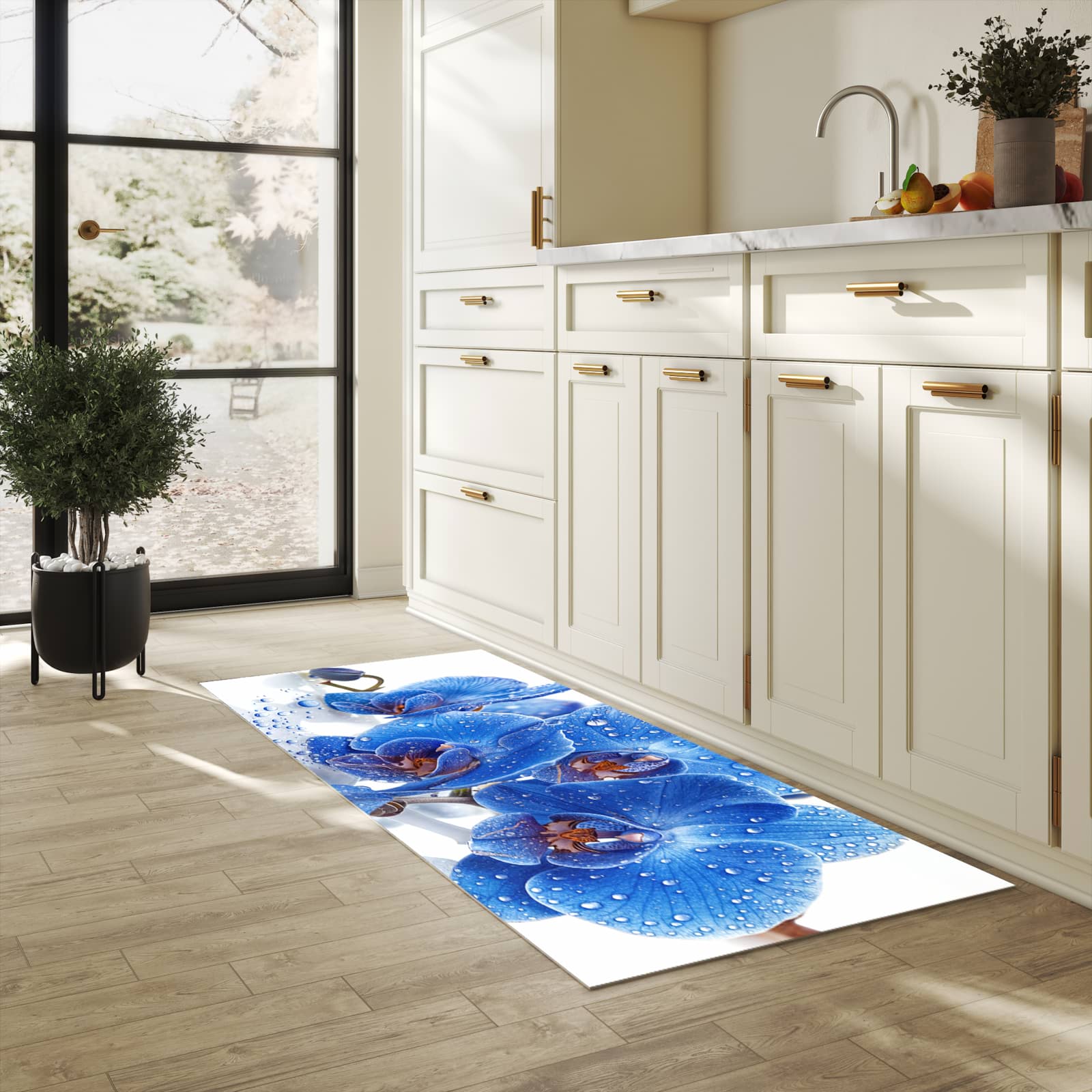 Abriebfester Küchenläufer mit Motiv Blaue Orchideen in heller Küche