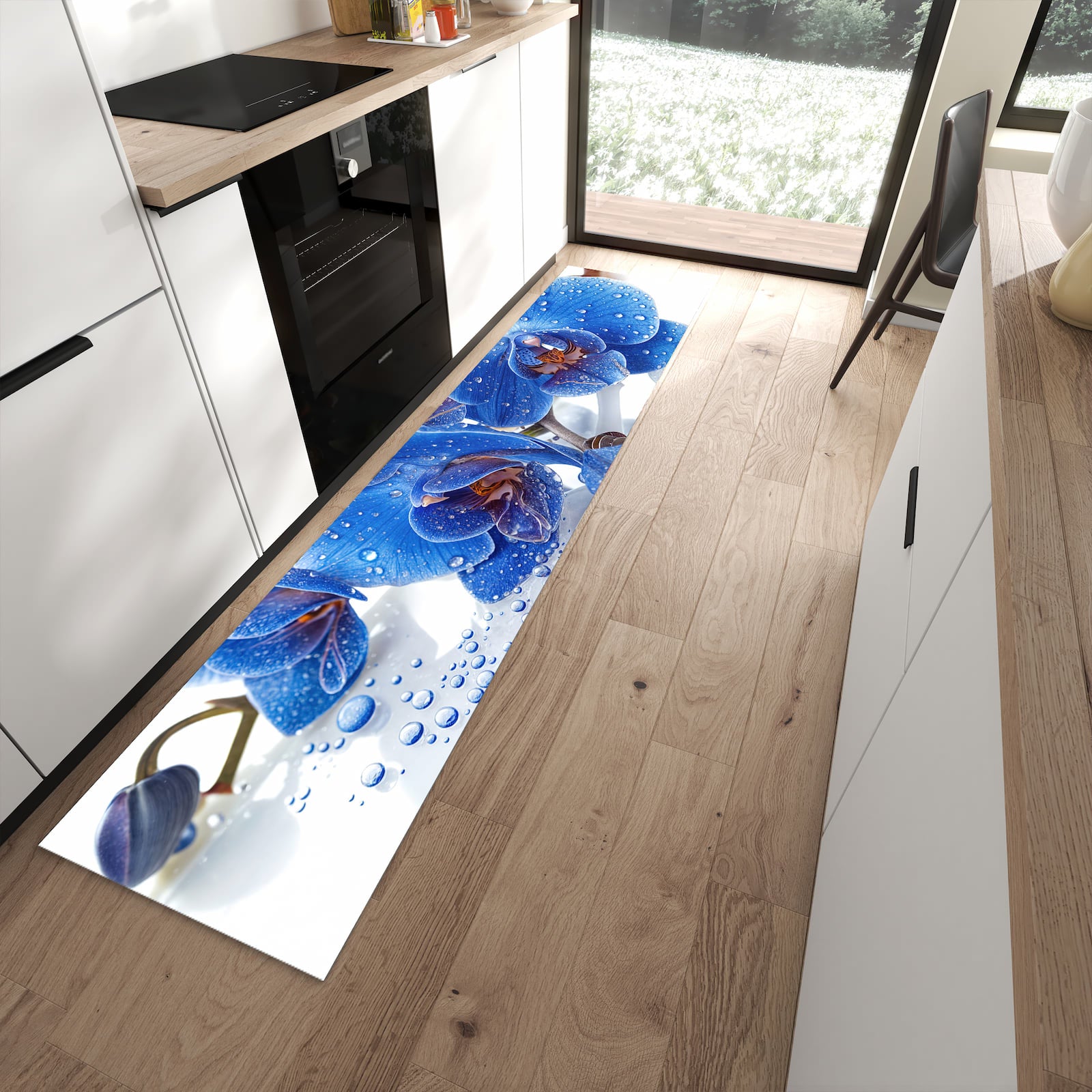 Strapazierfähiger Küchenläufer mit Motiv Blaue Orchideen in moderner Küche