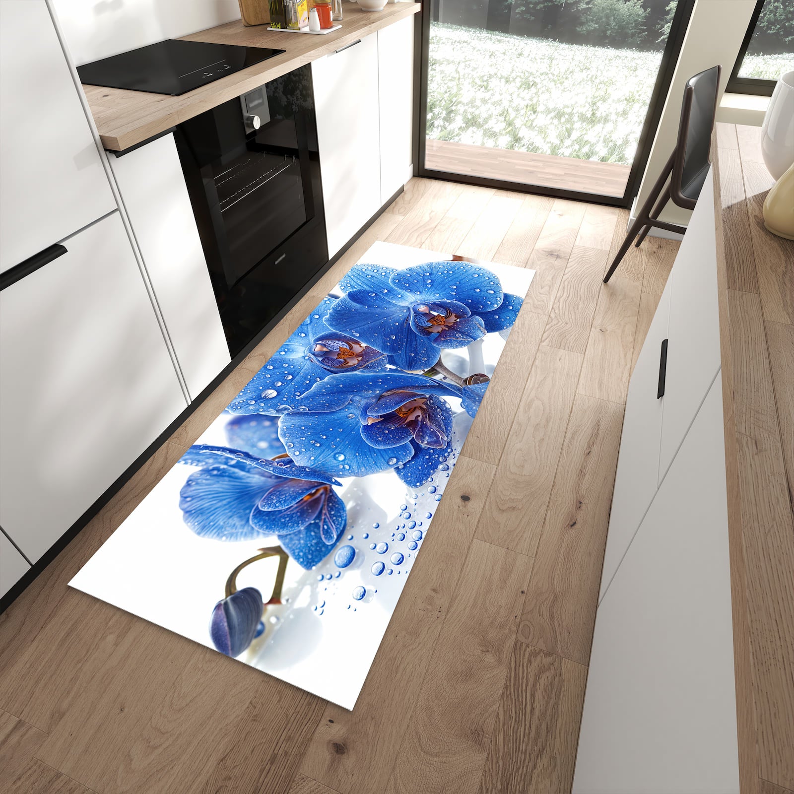 Rutschfester waschbarer Küchenteppich mit Motiv Blaue Orchideen in moderner Küche