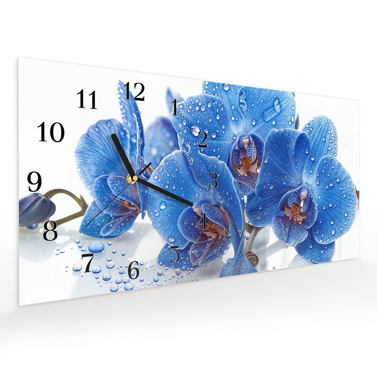 Vormontiert – mit Schwebeeffekt – Wanduhr Blaue Orchideen aus Glas – Querformat 60 × 30 cm