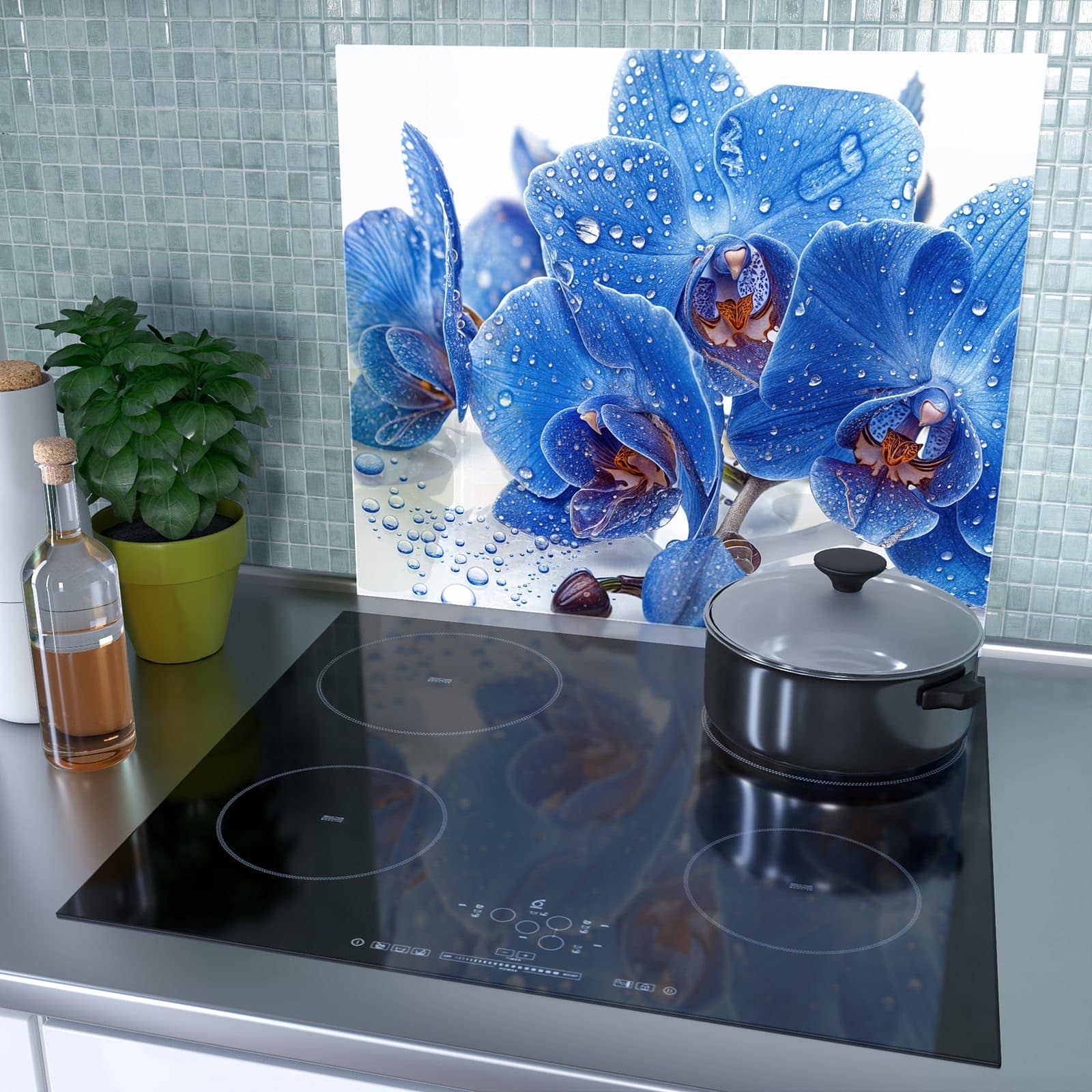 1-teilige Kochfeldabdeckung mit Blaue Orchideen-Motiv als Spritzschutz hinter dem Kochfeld
