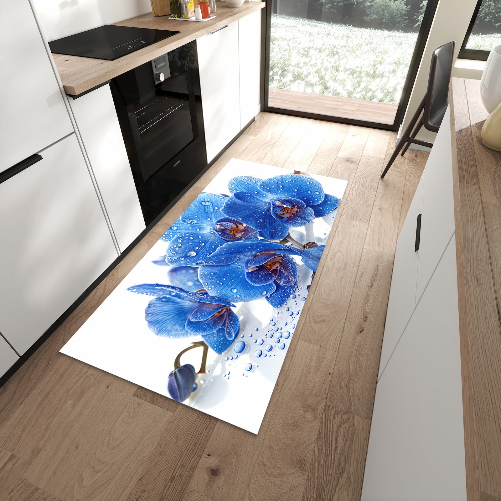 Bodenschonender waschbarer Küchenläufer mit Motiv Blaue Orchideen in moderner Küche