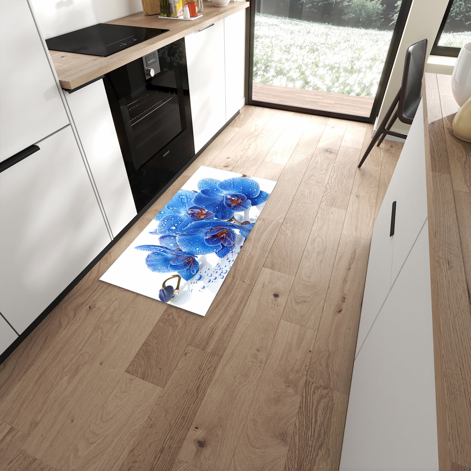 Rutschfester Küchenteppich mit Motiv Blaue Orchideen in moderner Küche #grösse_60 x 120 cm