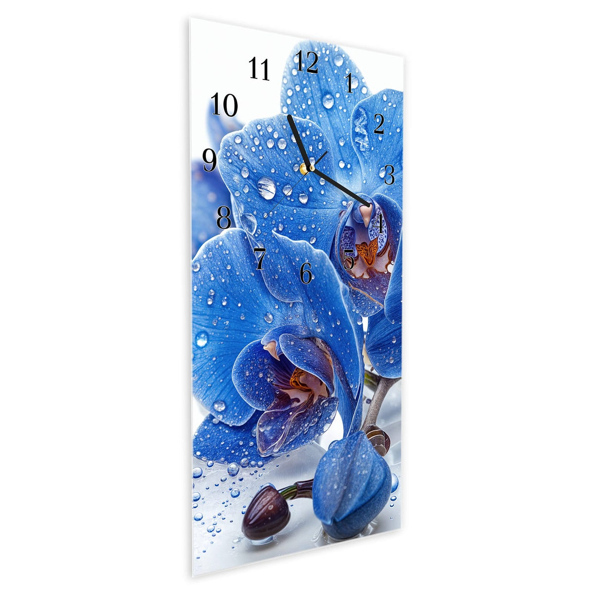 Vormontiert – mit Schwebeeffekt – Wanduhr Blaue Orchideen aus Glas – Hochformat 30 × 60 cm