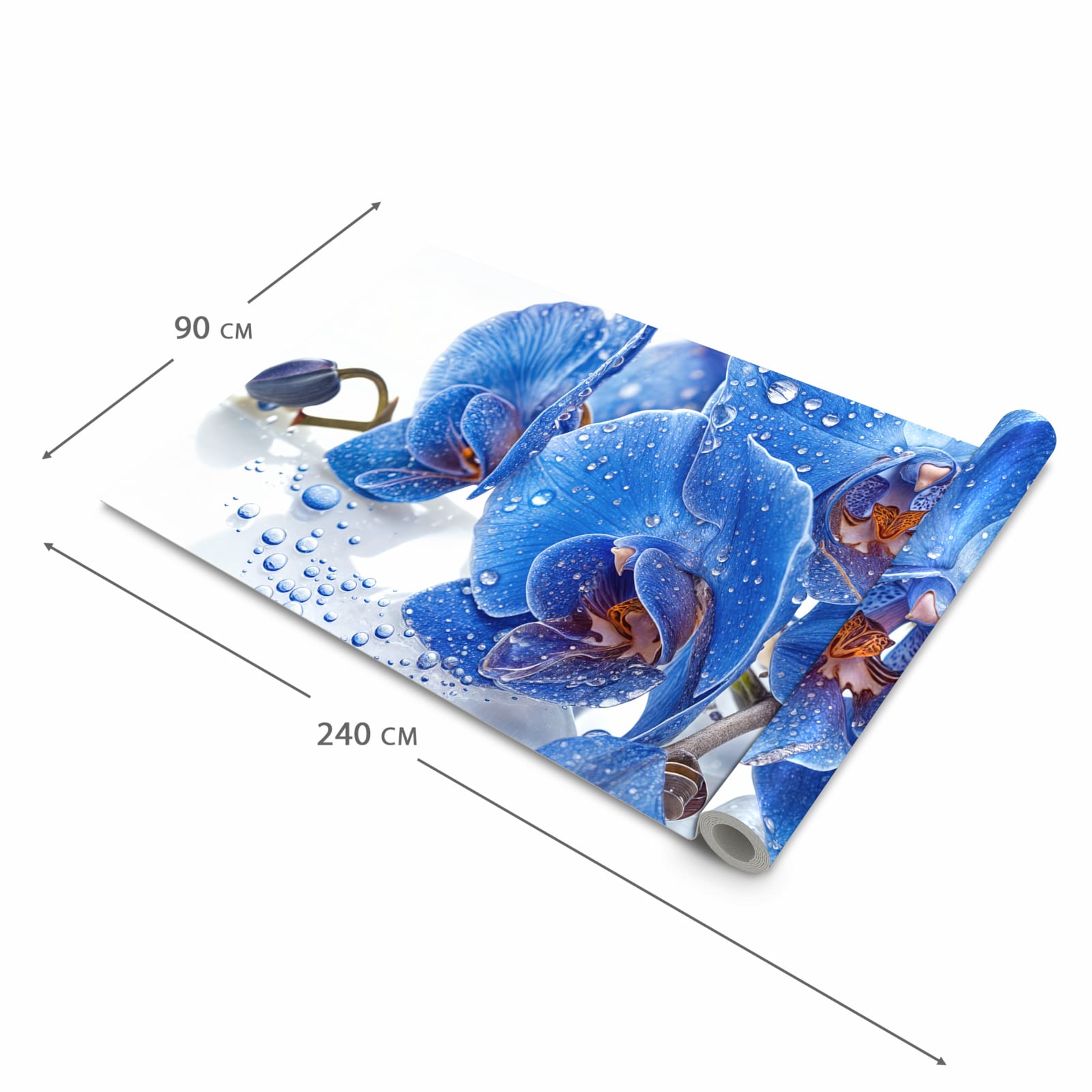 Bodenschonender Küchenteppich mit Motiv Blaue Orchideen in der Grösse 60x270 cm