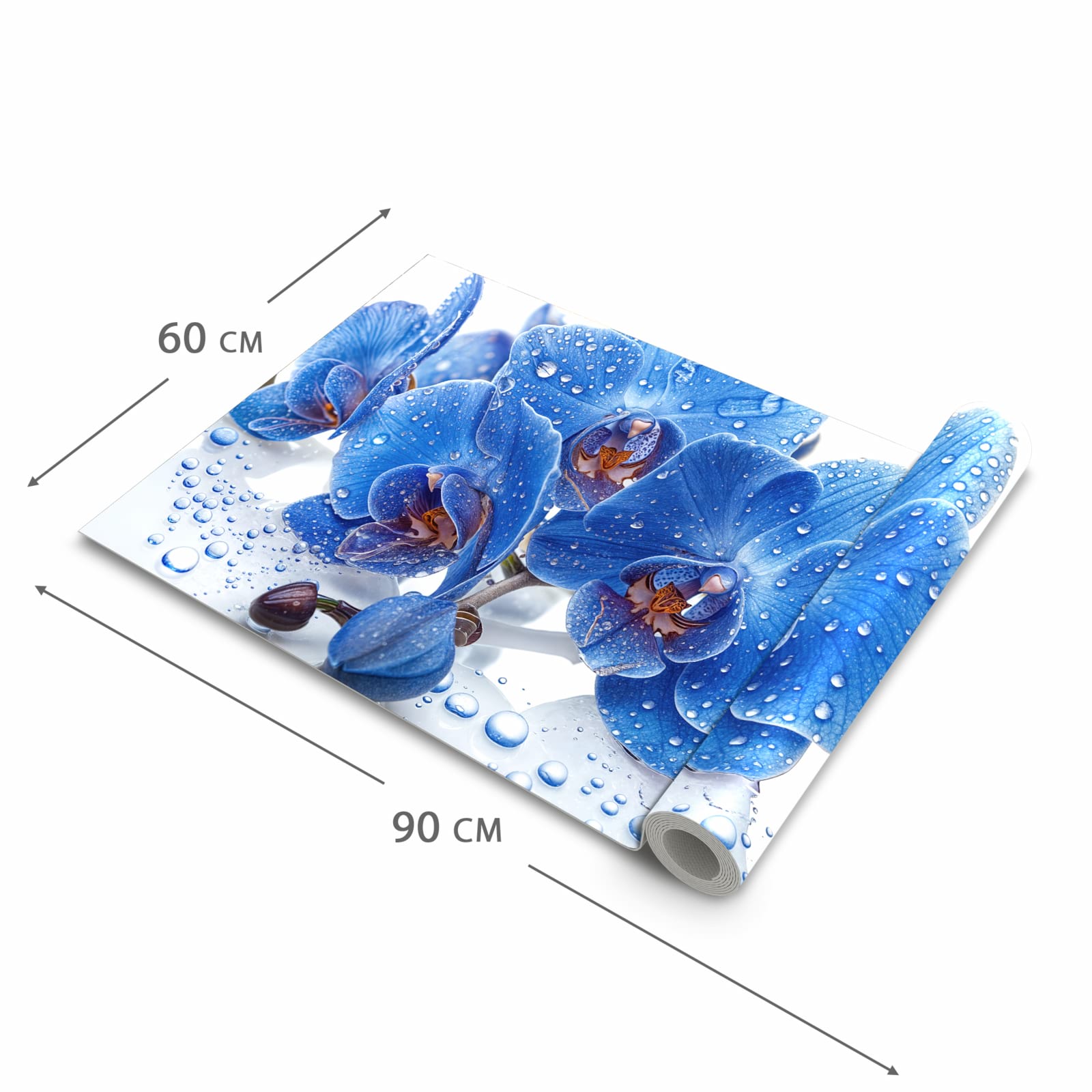 Waschbarer Küchenläufer nach Maß mit Motiv Blaue Orchideen in der Größe 60x270 cm