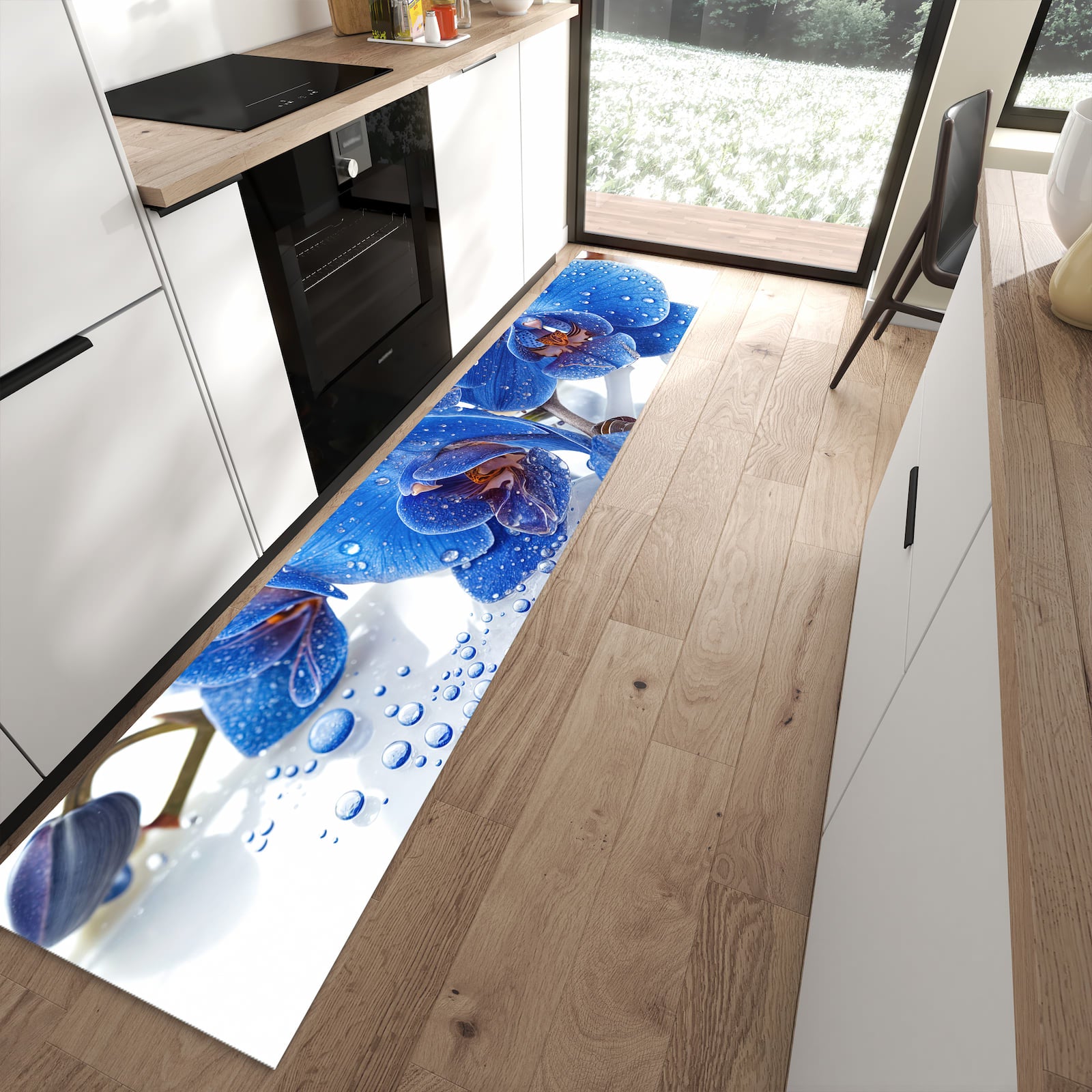 Waschbarer Küchenteppich mit Motiv Blaue Orchideen in moderner Küche