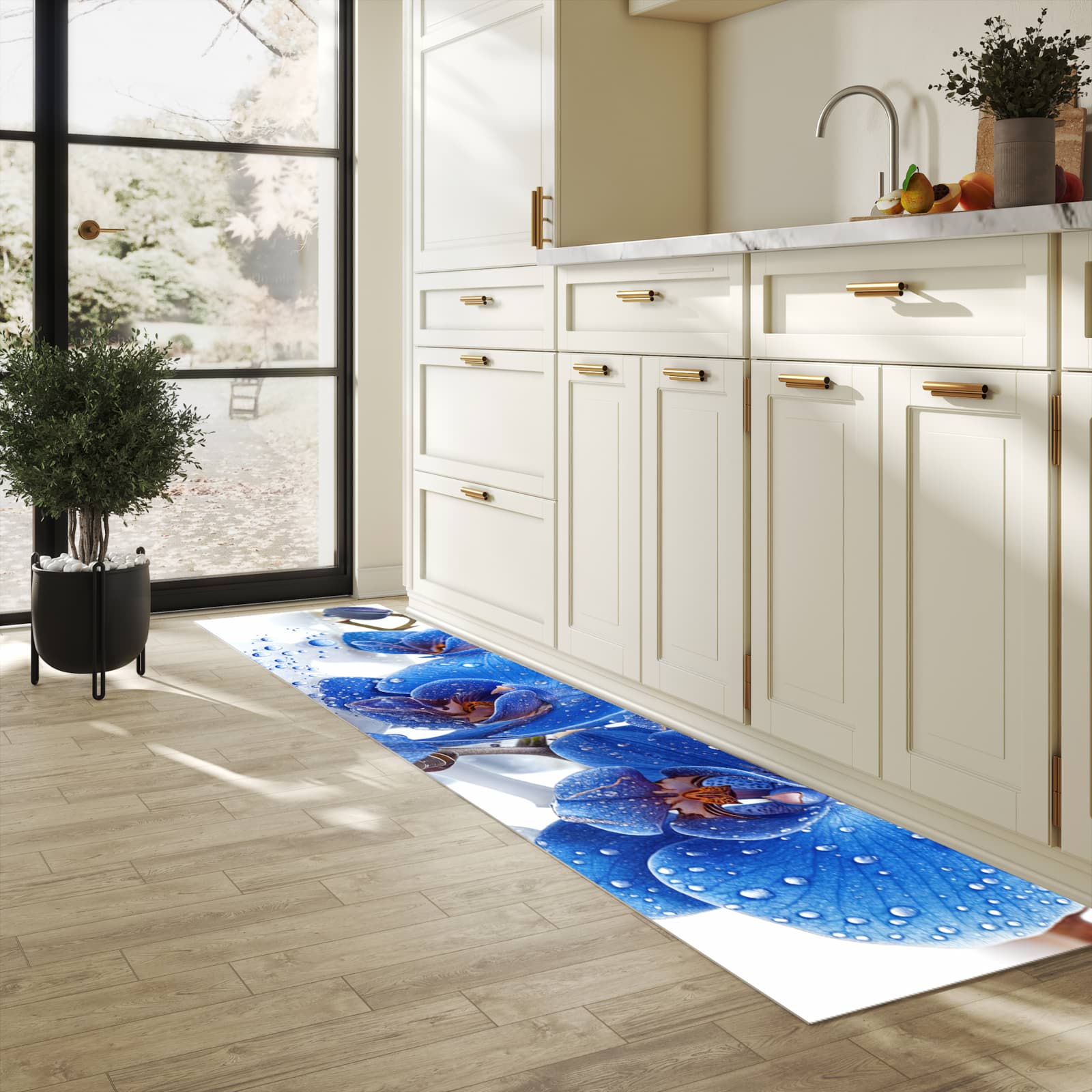 Zeitsparender Läufer Küche mit Motiv Blaue Orchideen in heller Küche