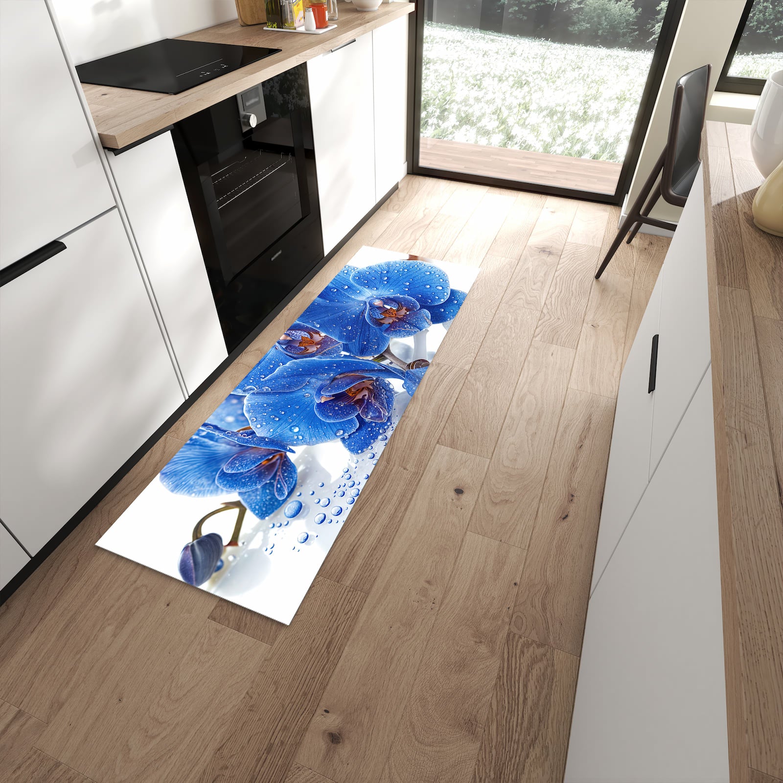 Küchenläufer mit Motiv Blaue Orchideen für angenehme Haptik in moderner Küche