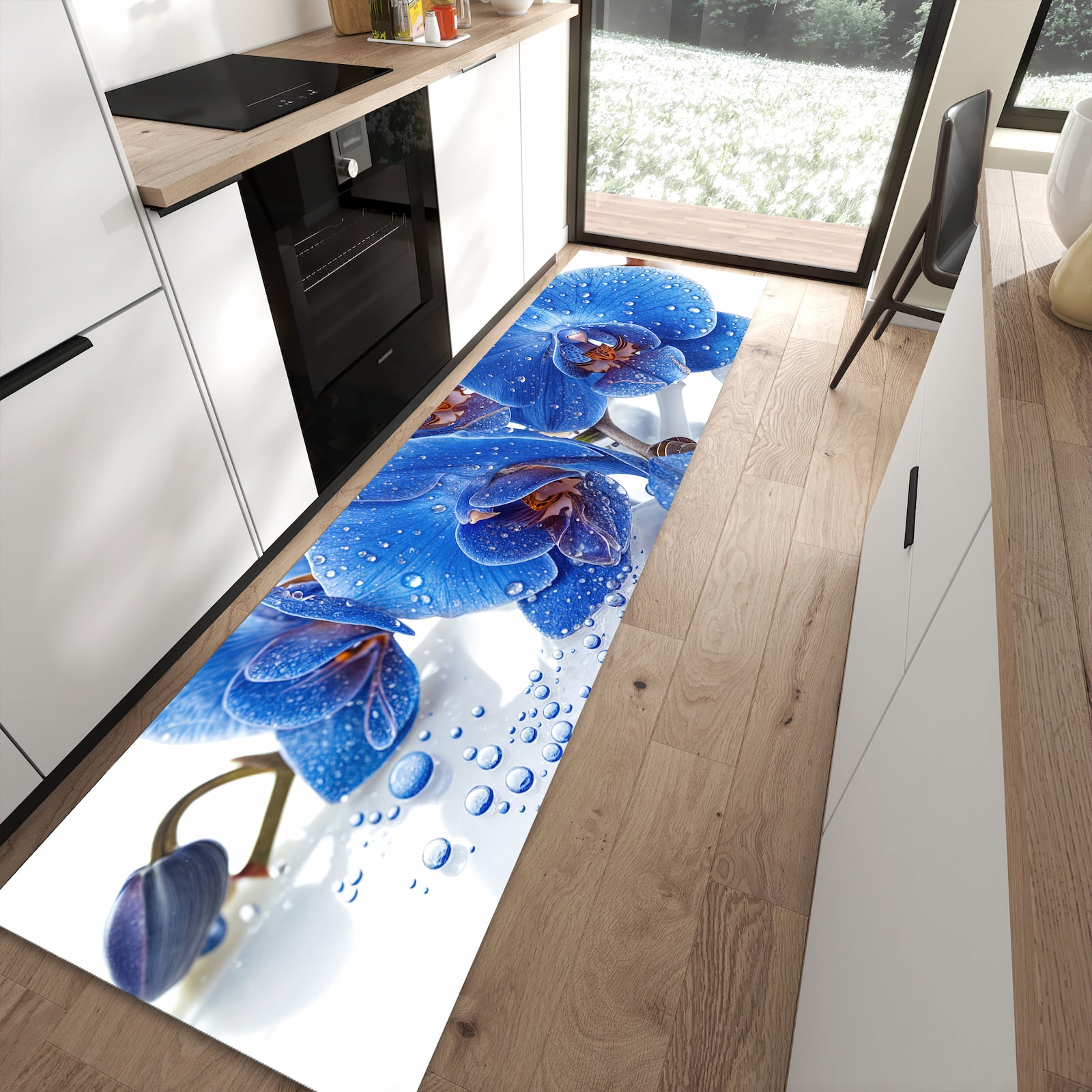 Ordnungsschaffender Teppichläufer mit Motiv Blaue Orchideen in moderner Küche