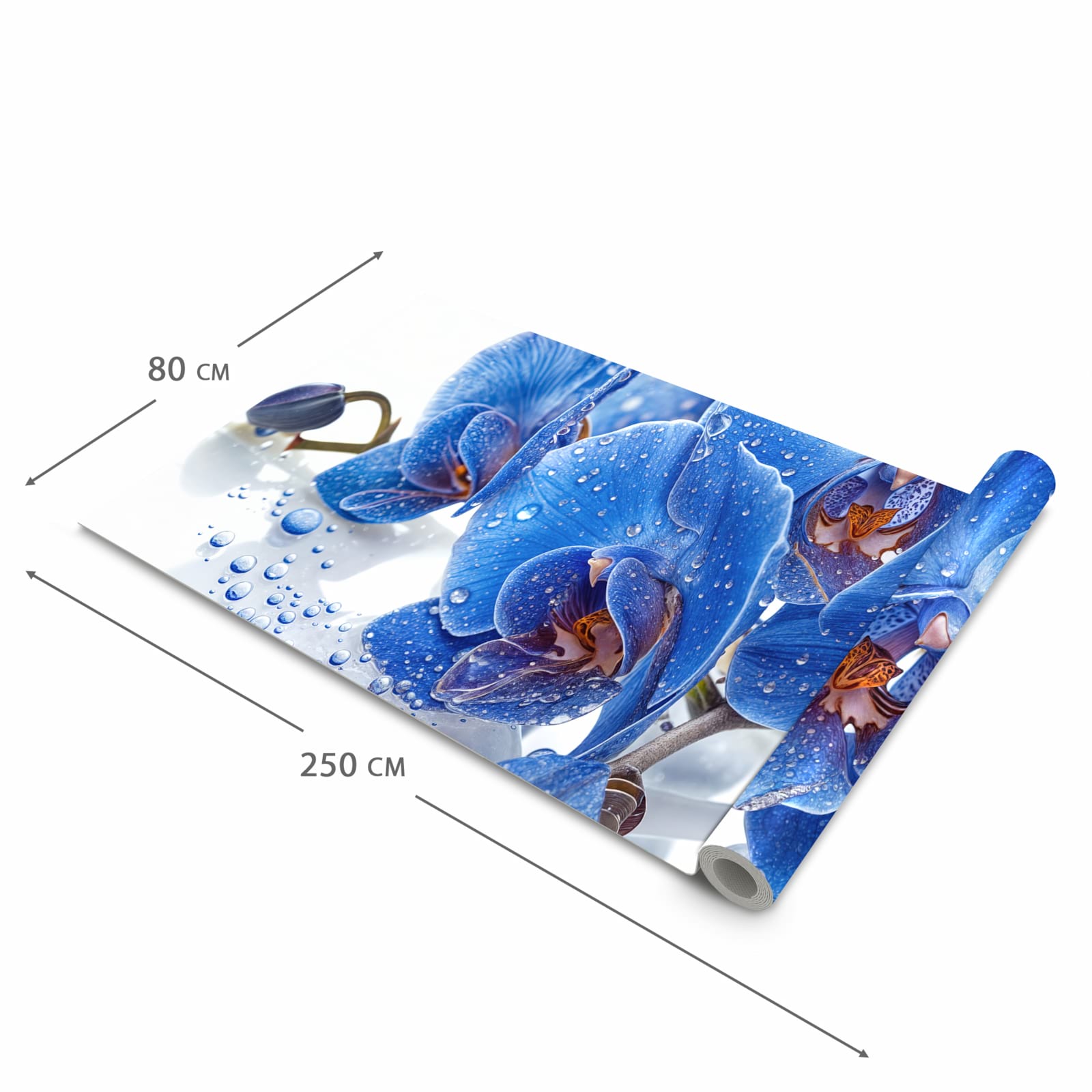 Rutschfester moderner Küchenläufer mit Motiv Blaue Orchideen in der Grösse 60x270 cm